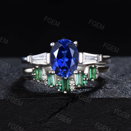Oval Blue Sapphire Engagement Ring Set Unique Baguette Emerald Wedding Ring Blue Gemstone Ring September Birthstone Jewelry Proposal Gift