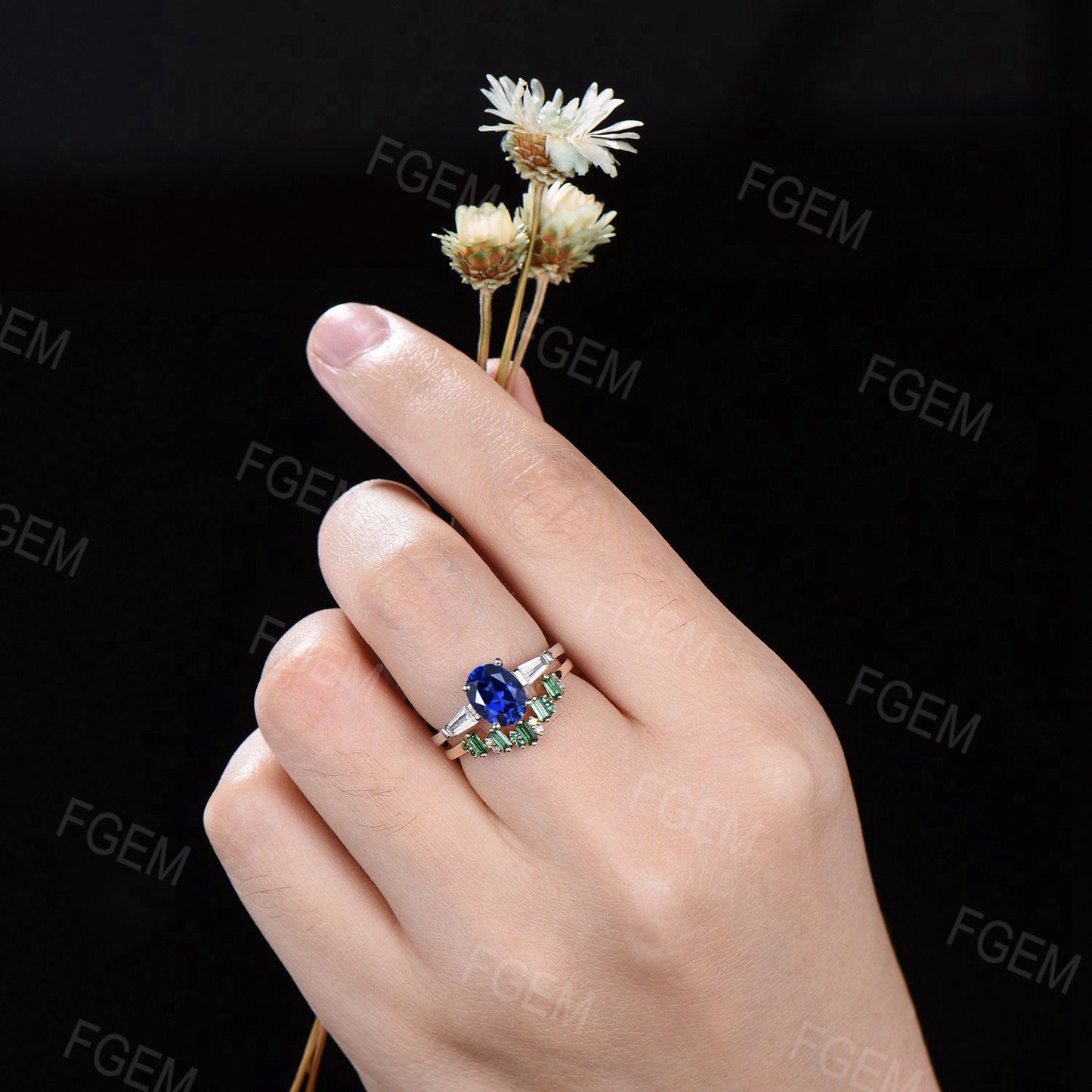 Oval Blue Sapphire Engagement Ring Set Unique Baguette Emerald Wedding Ring Blue Gemstone Ring September Birthstone Jewelry Proposal Gift