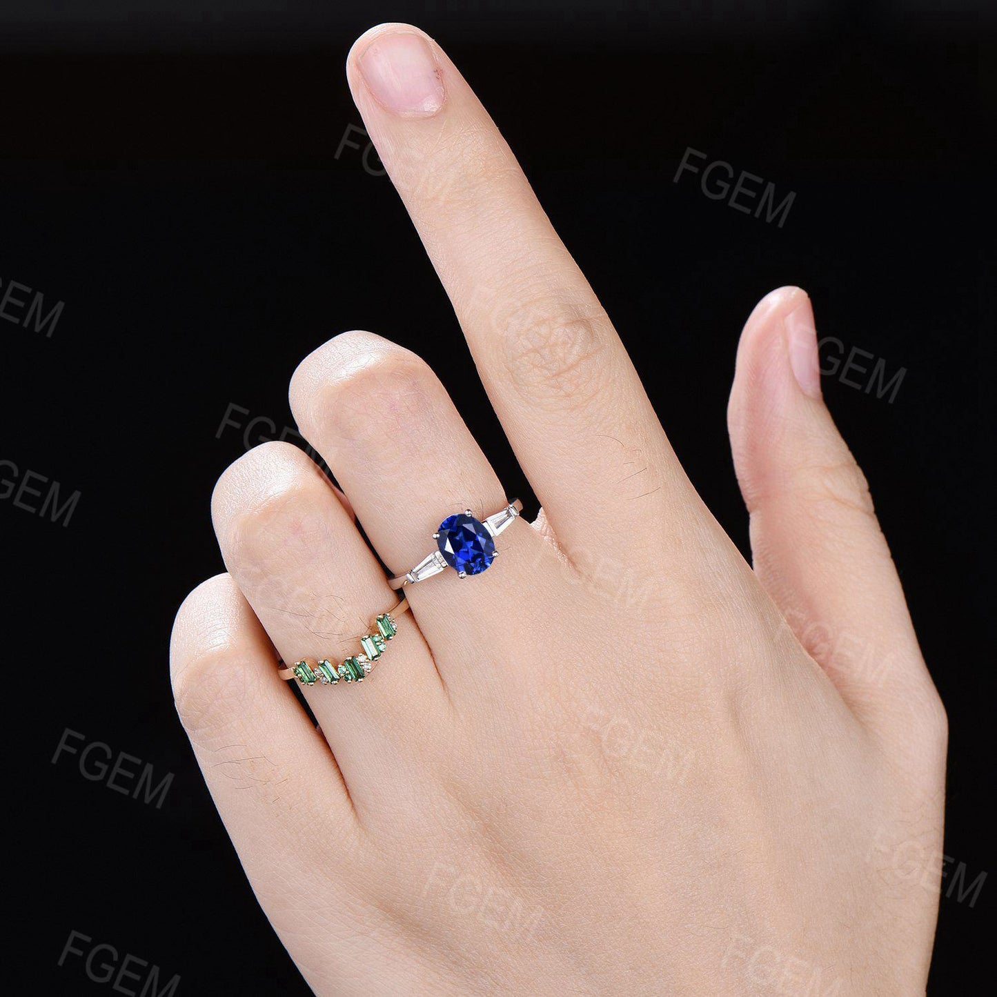 Oval Blue Sapphire Engagement Ring Set Unique Baguette Emerald Wedding Ring Blue Gemstone Ring September Birthstone Jewelry Proposal Gift