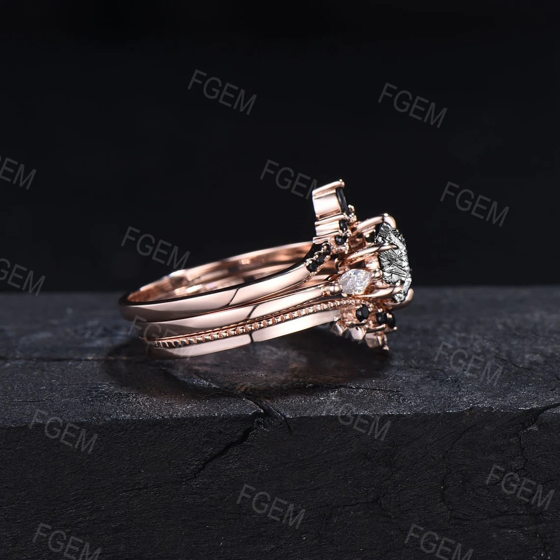 3pcs Hexagon Cut Natural Black Rutilated Quartz Ring Set Vintage Black Spinel Wedding Band Unique Wedding Gift for Women Black Stone Jewelry