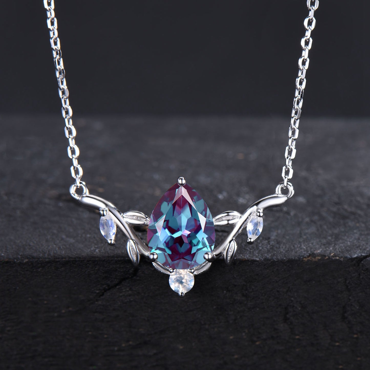 Nature Inspired Teardrop Alexandrite Necklace Rose Gold Branch Leaf Vine Bridal Necklace Unique Moonstone Pendant Anniversary Proposal Gift