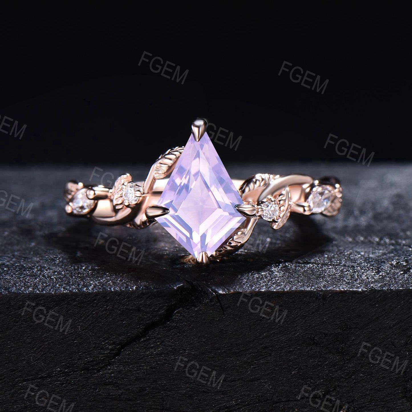 Leaf Lavender Amethyst Engagement Ring Nature Inspired Twig Vine Amethyst Promise Ring Kite Cut Purple Crystal Wedding Ring Anniversary Gift