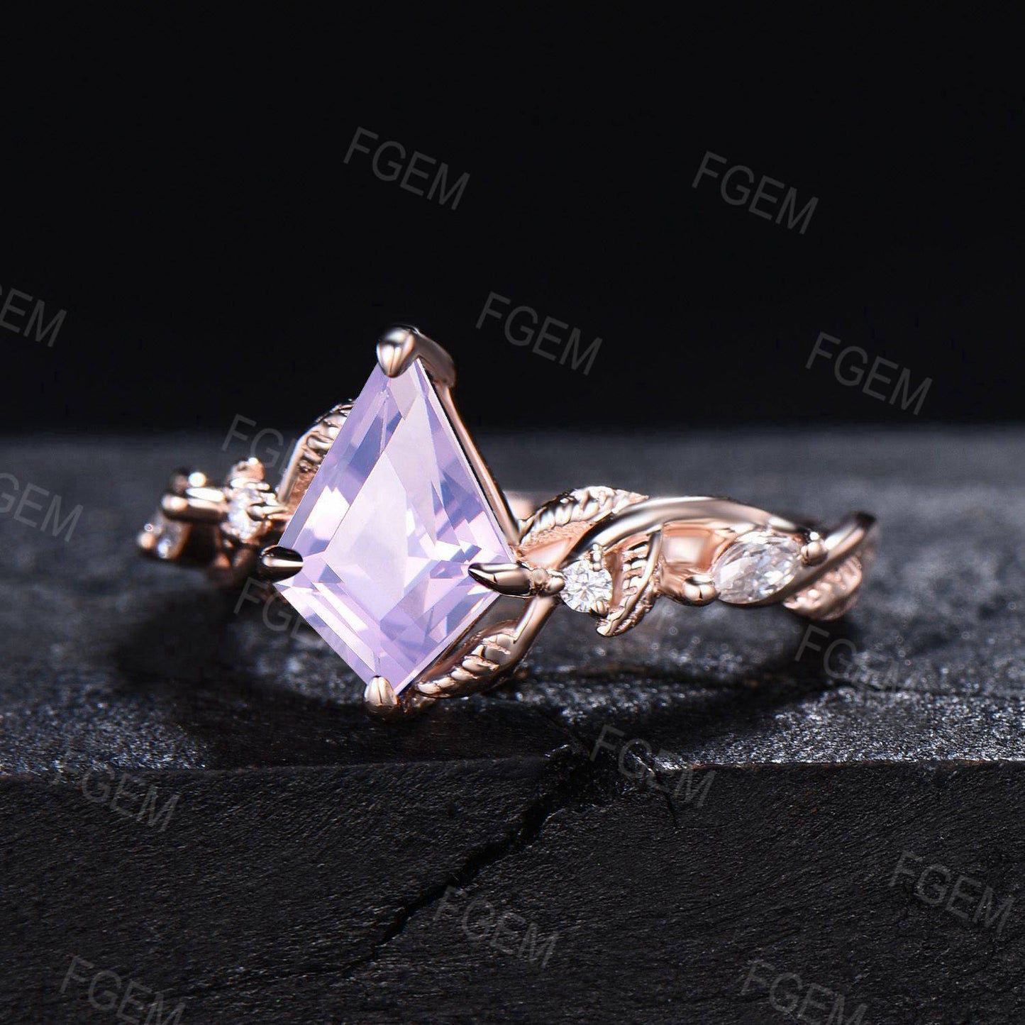 Leaf Lavender Amethyst Engagement Ring Nature Inspired Twig Vine Amethyst Promise Ring Kite Cut Purple Crystal Wedding Ring Anniversary Gift