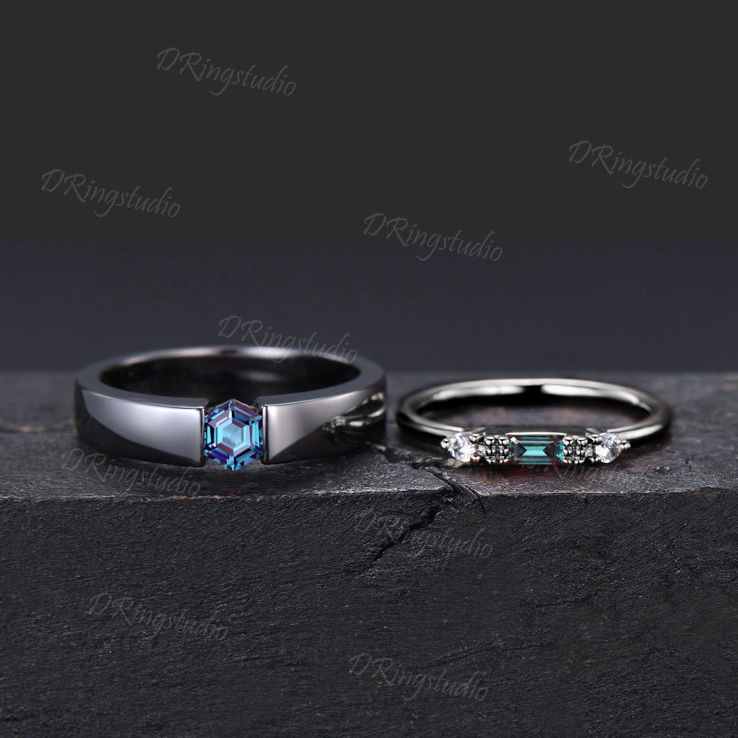 Gothic Alexandrite Black Gold Couple Rings Set Men/Women Wedding Band Hexagon Cut Alexandrite Engagement Ring Proposal Gift