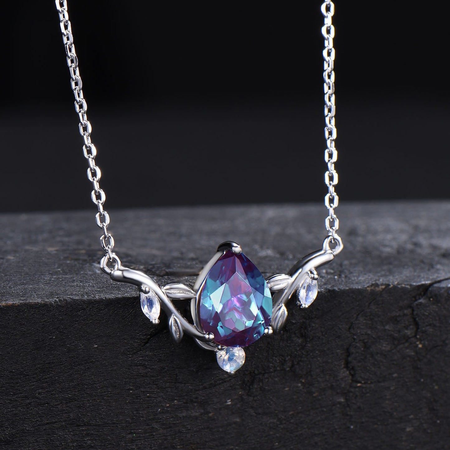Nature Inspired Teardrop Alexandrite Necklace Rose Gold Branch Leaf Vine Bridal Necklace Unique Moonstone Pendant Anniversary Proposal Gift