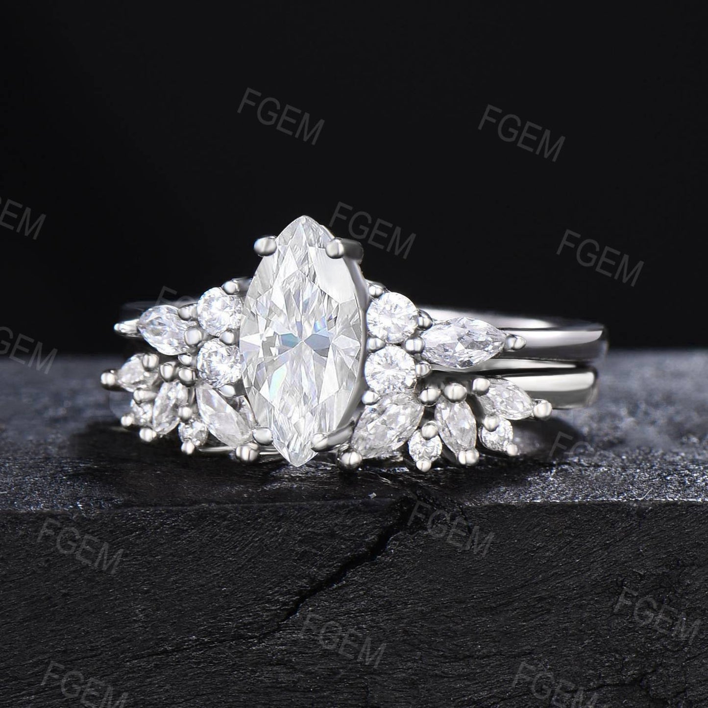 Marquise Cut Moissanite Engagement Ring Set 14K Solid White Gold Wedding Ring Art Deco Cluster Moissanite Diamond Bridal Set Proposal Gift