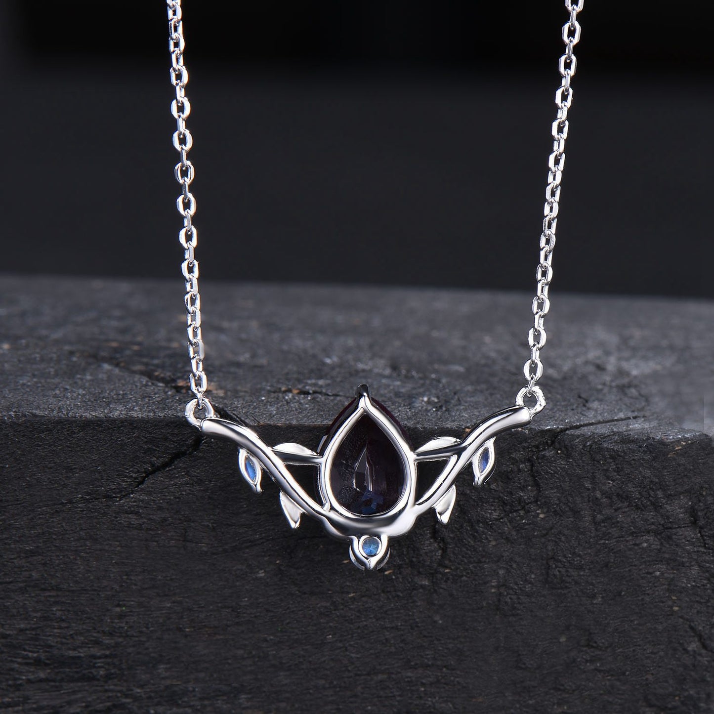 Nature Inspired Teardrop Alexandrite Necklace Rose Gold Branch Leaf Vine Bridal Necklace Unique Moonstone Pendant Anniversary Proposal Gift