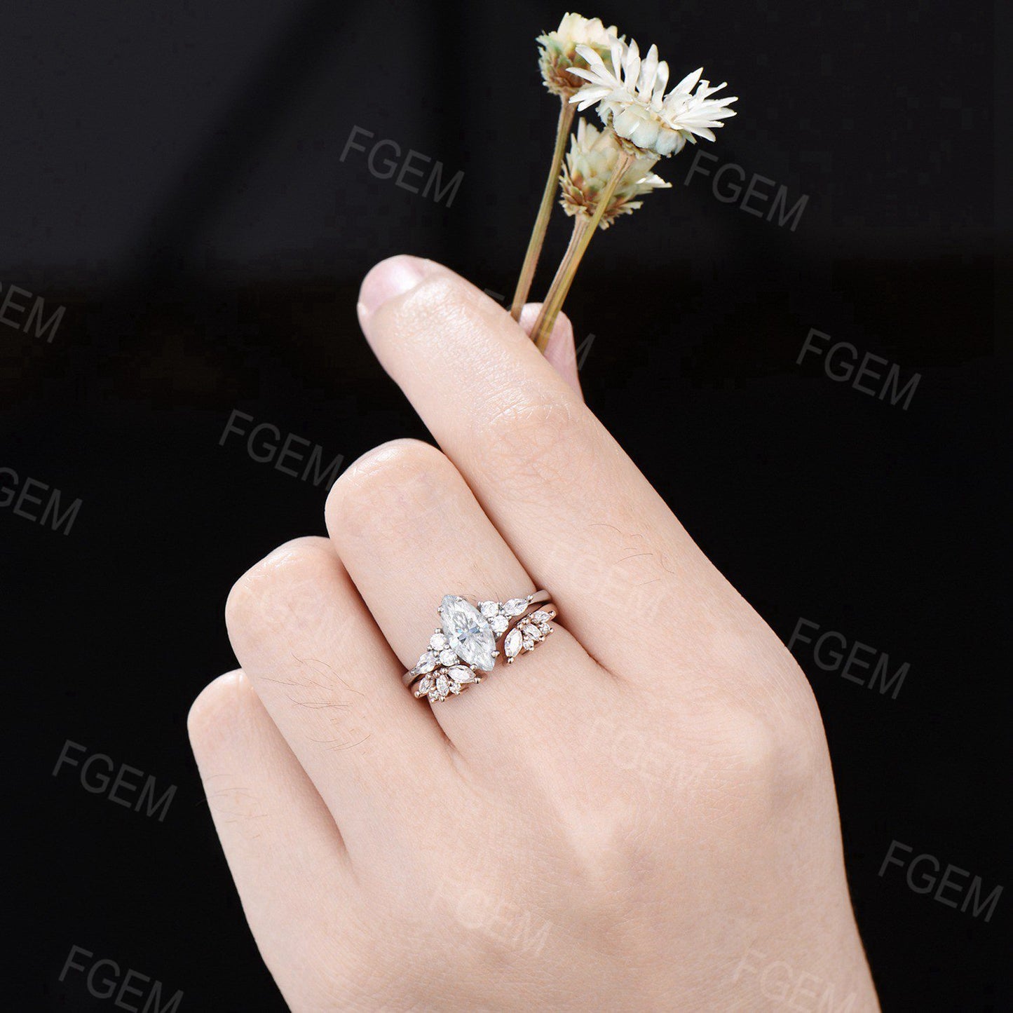 Marquise Cut Moissanite Engagement Ring Set 14K Solid White Gold Wedding Ring Art Deco Cluster Moissanite Diamond Bridal Set Proposal Gift