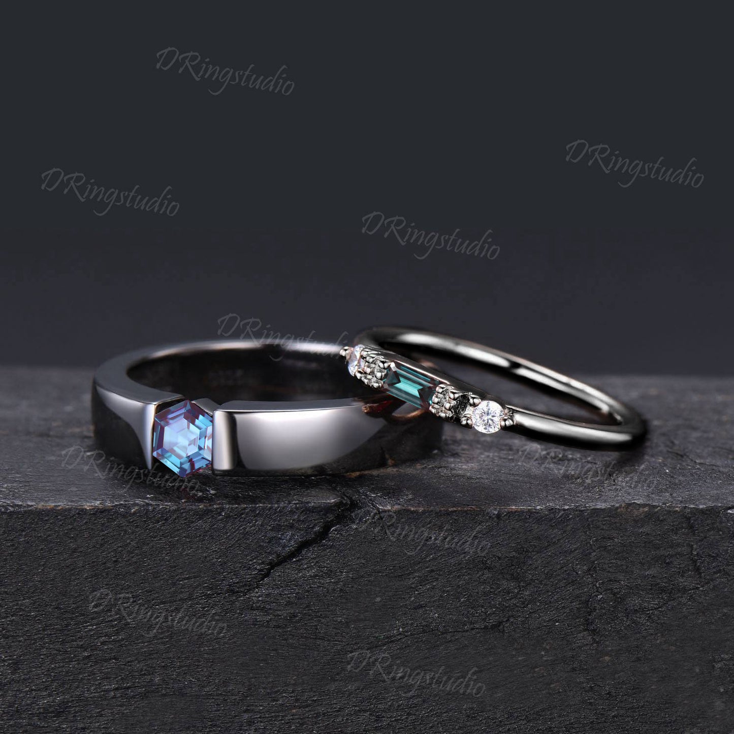Gothic Alexandrite Black Gold Couple Rings Set Men/Women Wedding Band Hexagon Cut Alexandrite Engagement Ring Proposal Gift