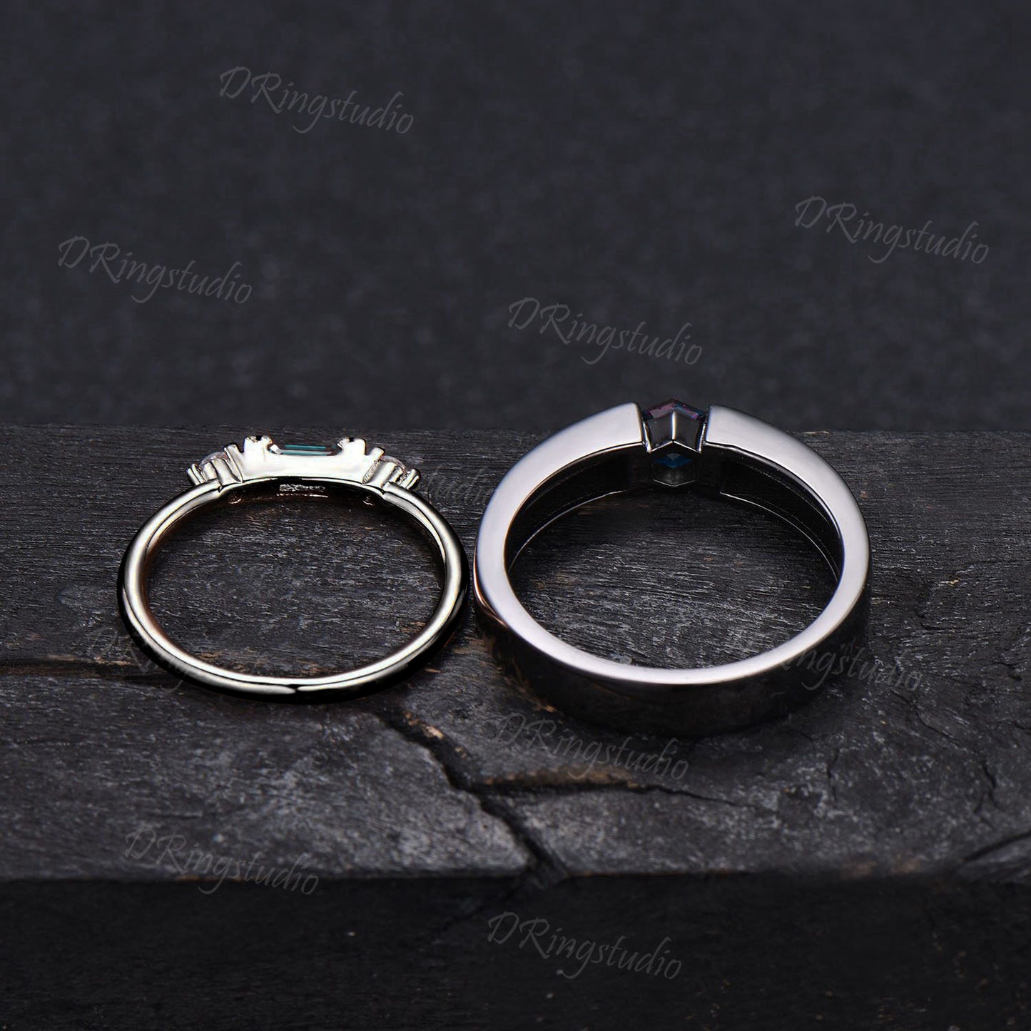 Gothic Alexandrite Black Gold Couple Rings Set Men/Women Wedding Band Hexagon Cut Alexandrite Engagement Ring Proposal Gift