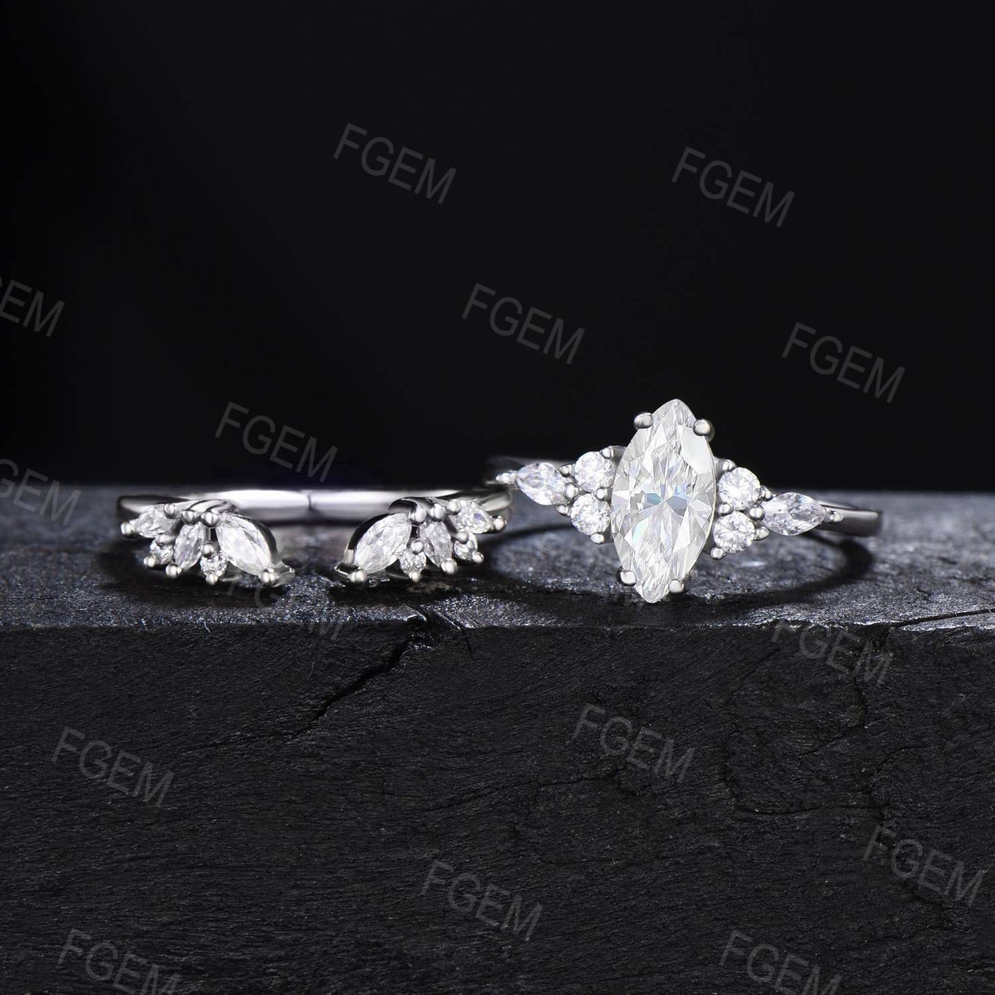 Marquise Cut Moissanite Engagement Ring Set 14K Solid White Gold Wedding Ring Art Deco Cluster Moissanite Diamond Bridal Set Proposal Gift