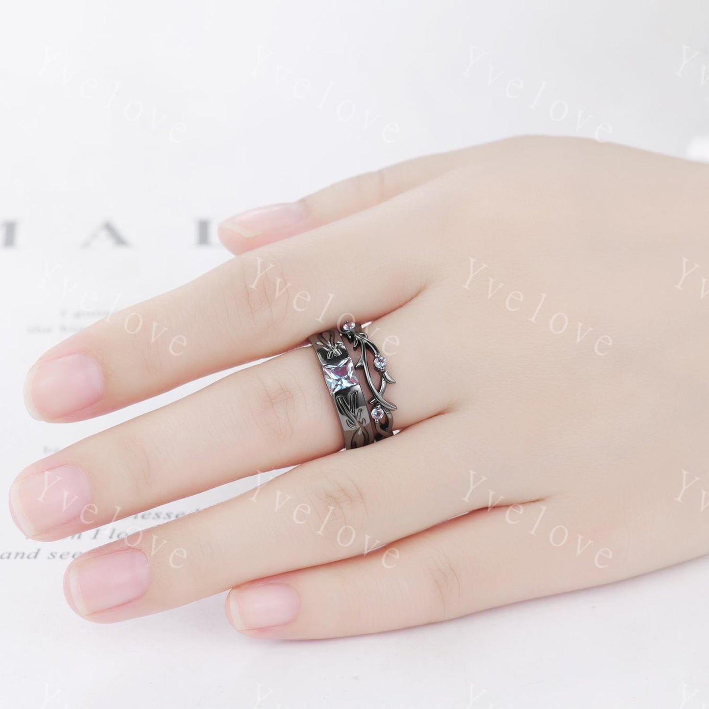 Alexandrite Couples Rings Set- Twig Vine & Stone Design Black Gold Wedding Ring (925 Sterling Silver)