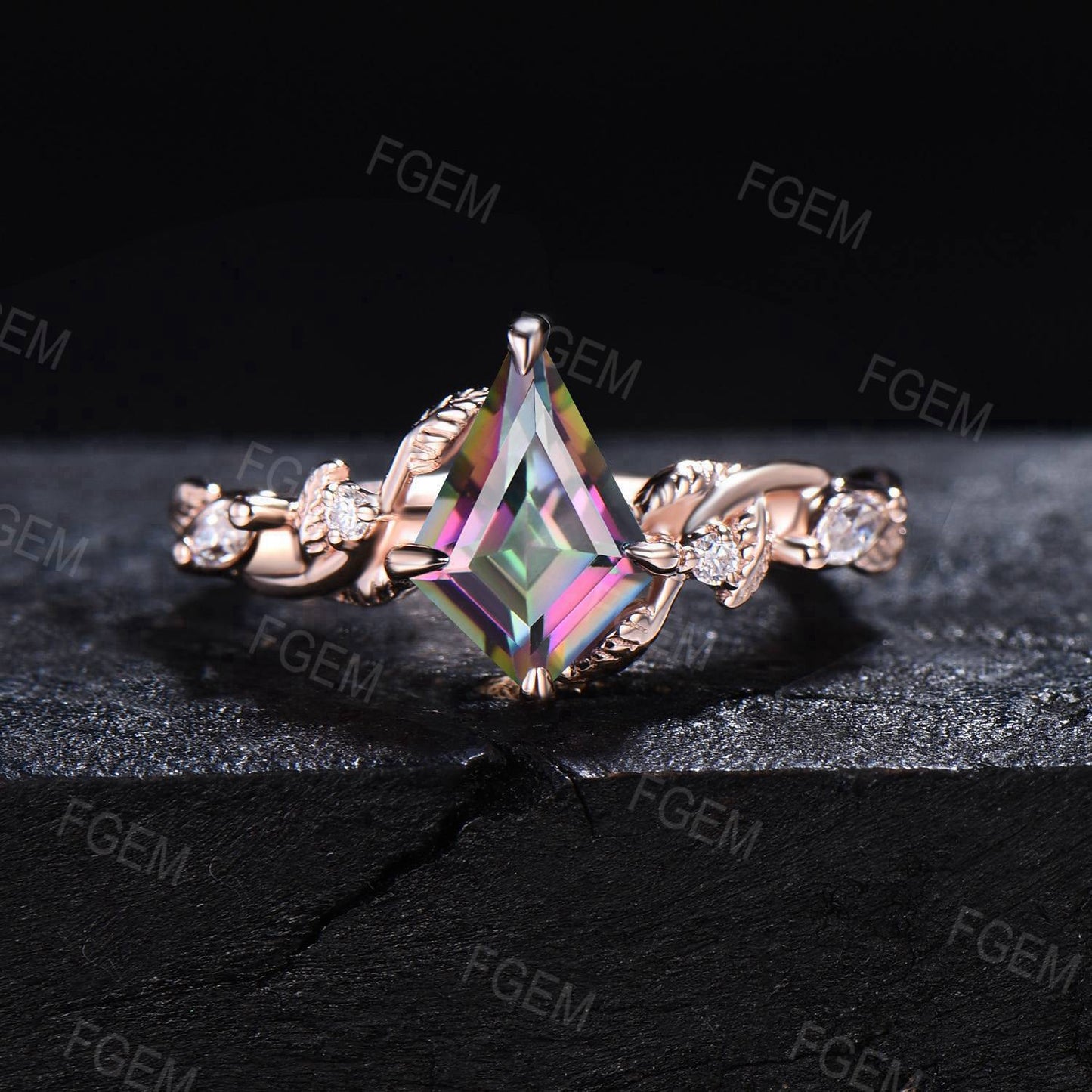 Magical Mystic Topaz Engagement Ring Rose Gold Kite Cut Mystic Rainbow Topaz Ring Twig Leaf Vine Wedding Ring Nature Ring Proposal Gift