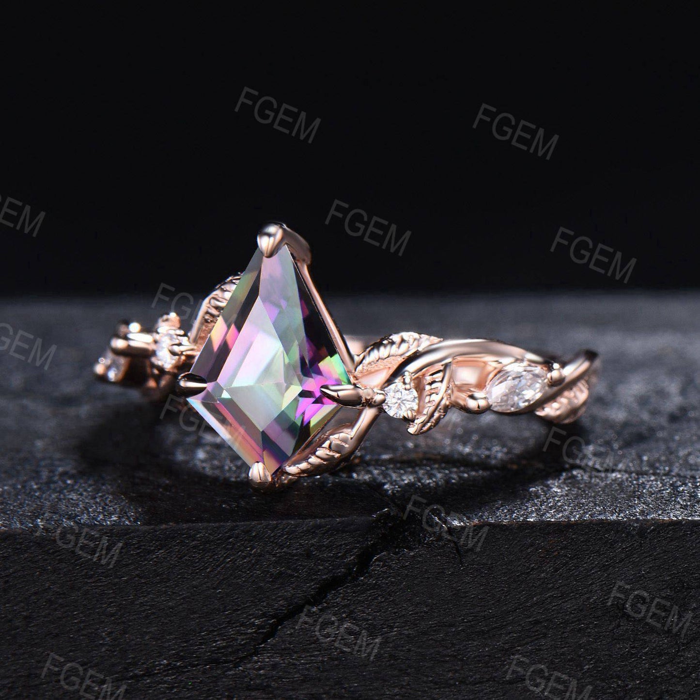 Magical Mystic Topaz Engagement Ring Rose Gold Kite Cut Mystic Rainbow Topaz Ring Twig Leaf Vine Wedding Ring Nature Ring Proposal Gift