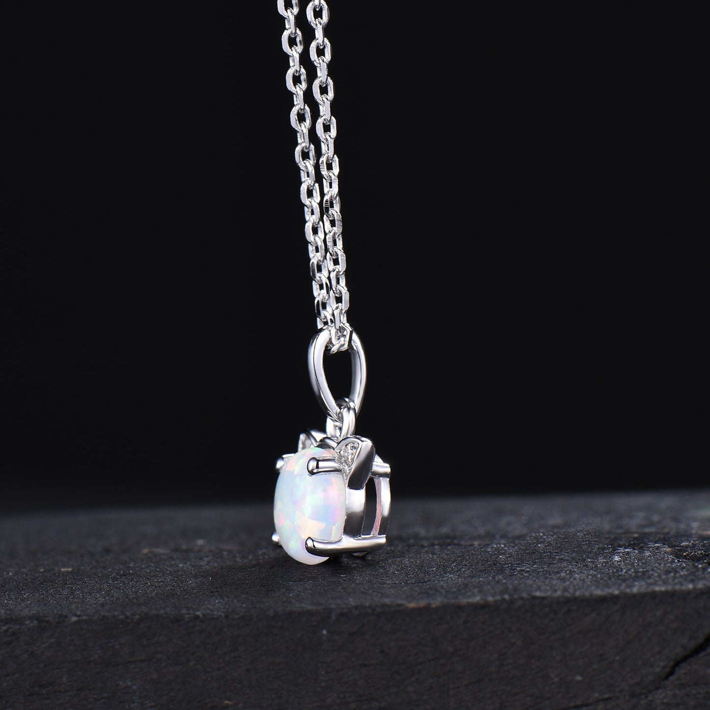 Gold Cat Wedding Necklace 1ct Round White Opal Necklace Unique Kitten Fire Opal Pendant Rose Gold October Birthstone Jewelry for Cat Lover