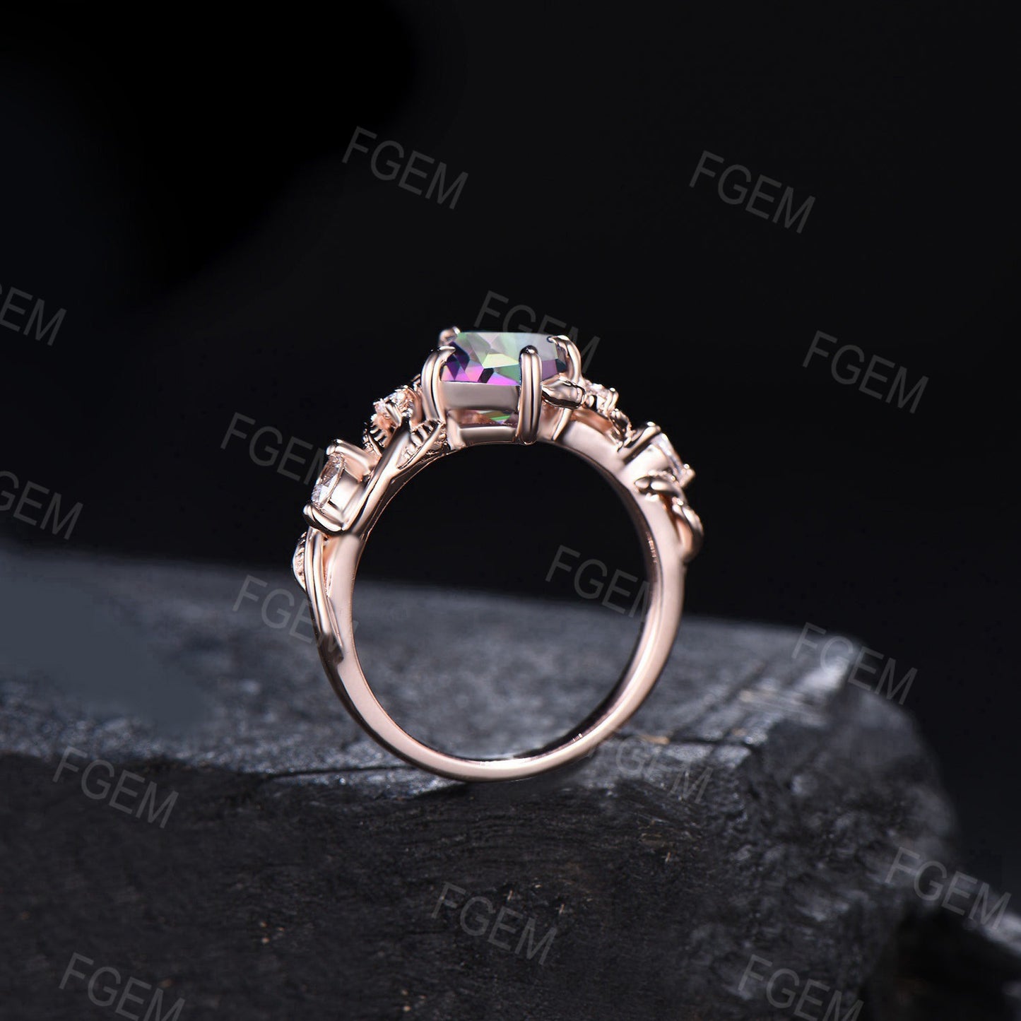 Magical Mystic Topaz Engagement Ring Rose Gold Kite Cut Mystic Rainbow Topaz Ring Twig Leaf Vine Wedding Ring Nature Ring Proposal Gift