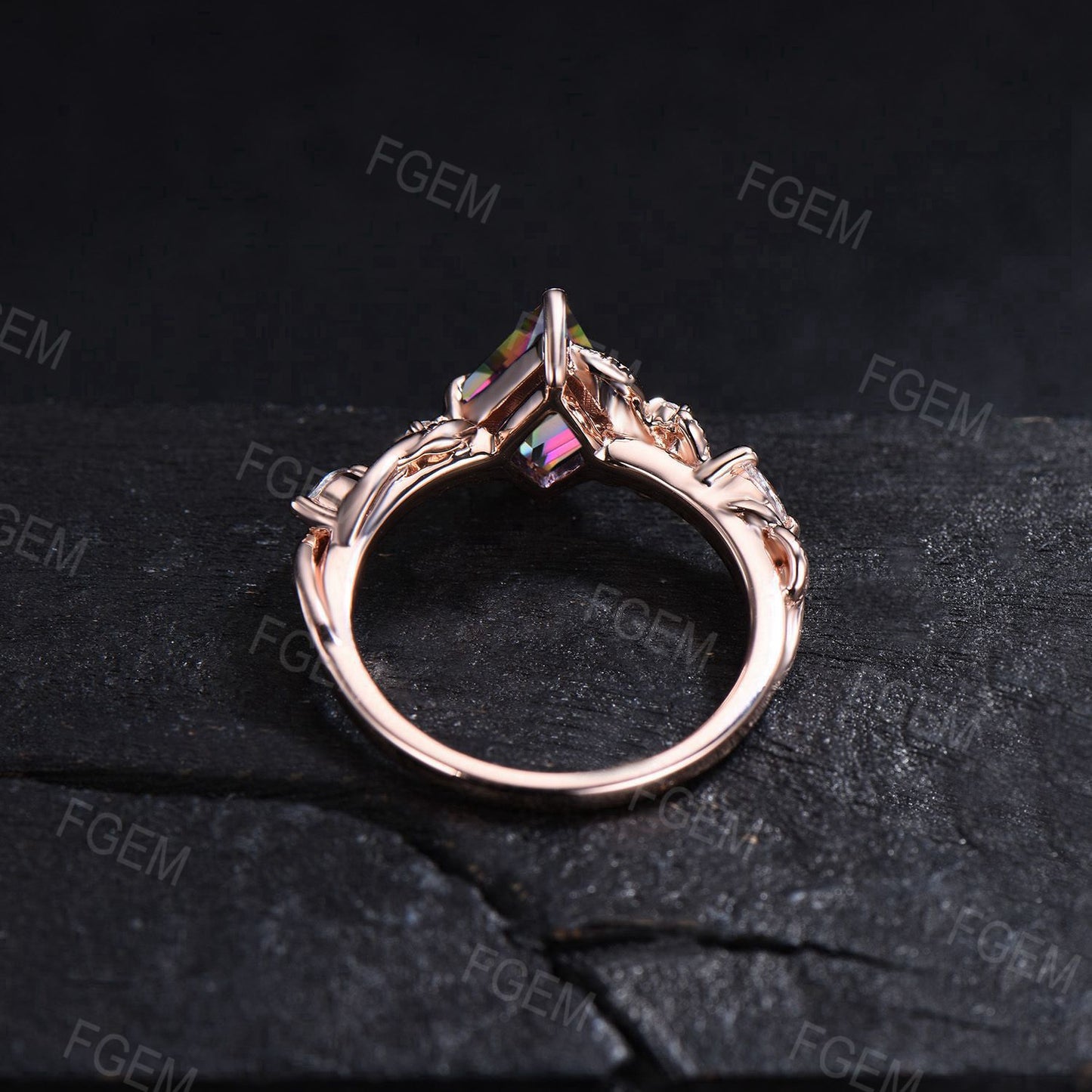Magical Mystic Topaz Engagement Ring Rose Gold Kite Cut Mystic Rainbow Topaz Ring Twig Leaf Vine Wedding Ring Nature Ring Proposal Gift