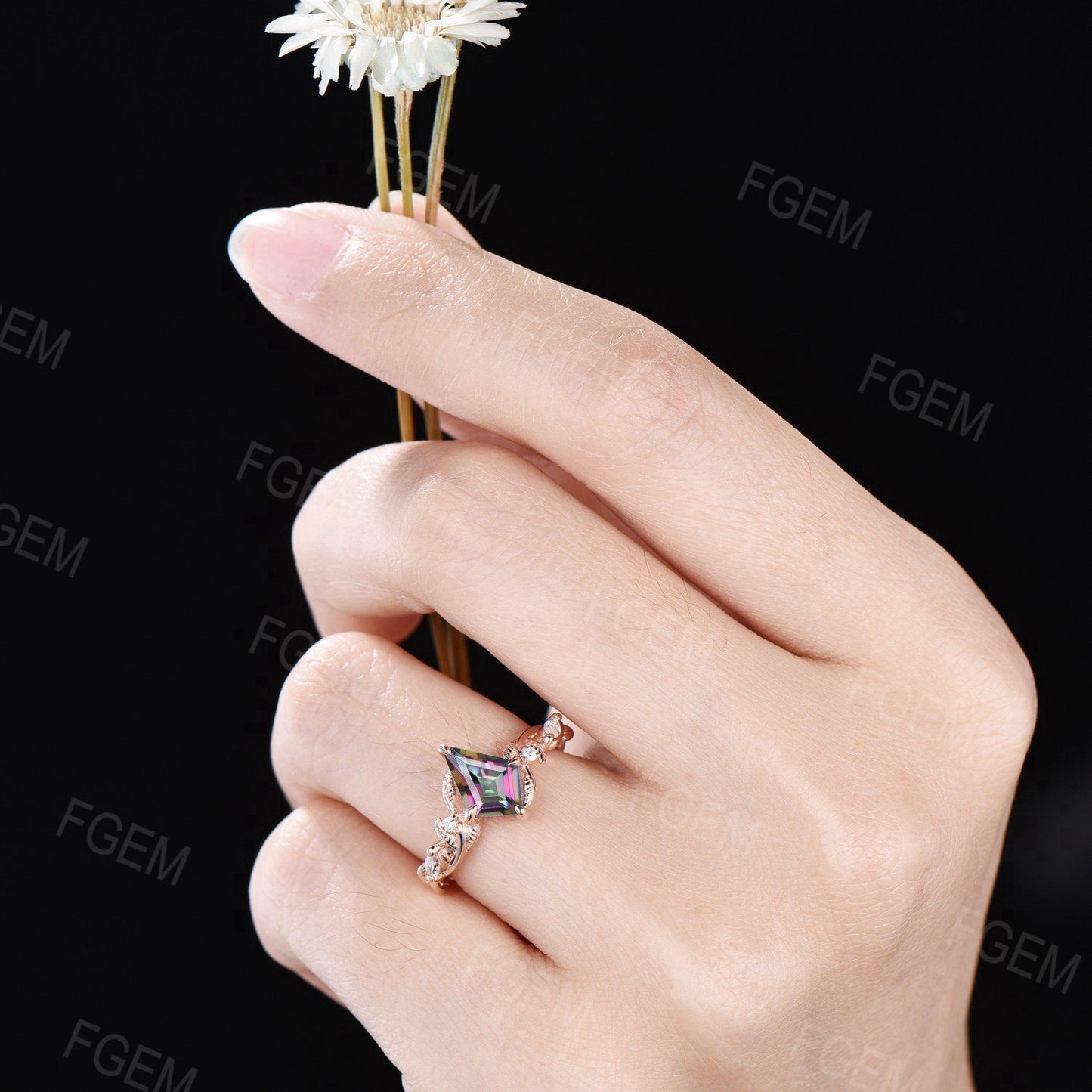 Magical Mystic Topaz Engagement Ring Rose Gold Kite Cut Mystic Rainbow Topaz Ring Twig Leaf Vine Wedding Ring Nature Ring Proposal Gift