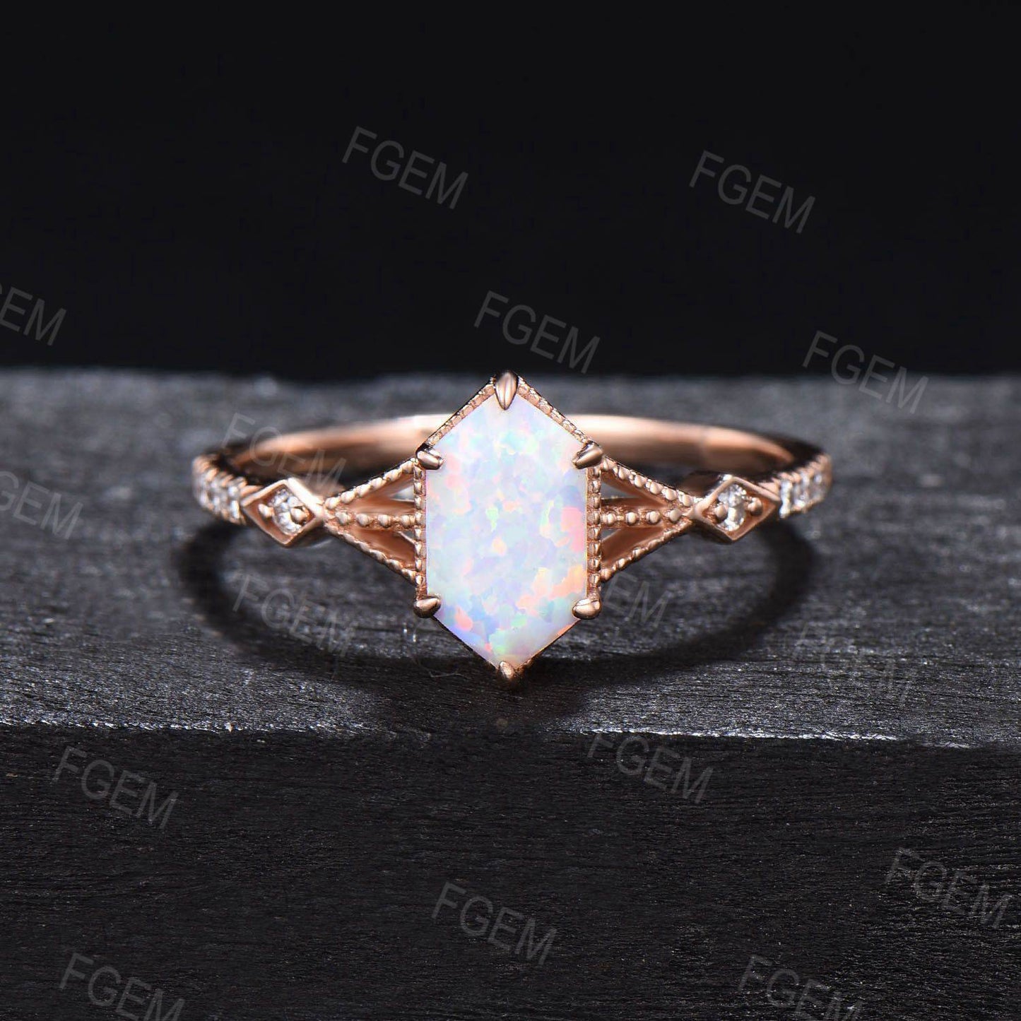 Vintage Long Hexagon White Opal Ring Set Half Eternity Milgrain Ring 3 Row Split Fire Opal Bridal Set Moon Leaf Moissanite Ring Promise Gift