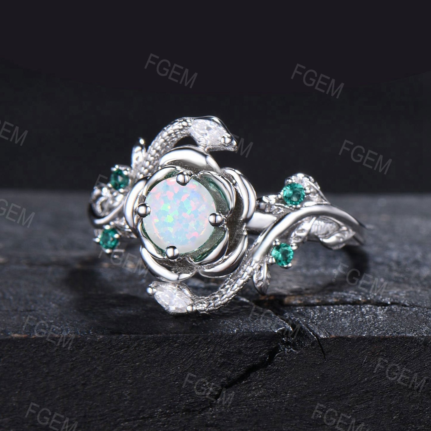 14k Solid Gold Snake Floral White Opal Engagement Ring Nature Inspired Leaf Vine Emerald Wedding Ring October Birthstone Gifts
