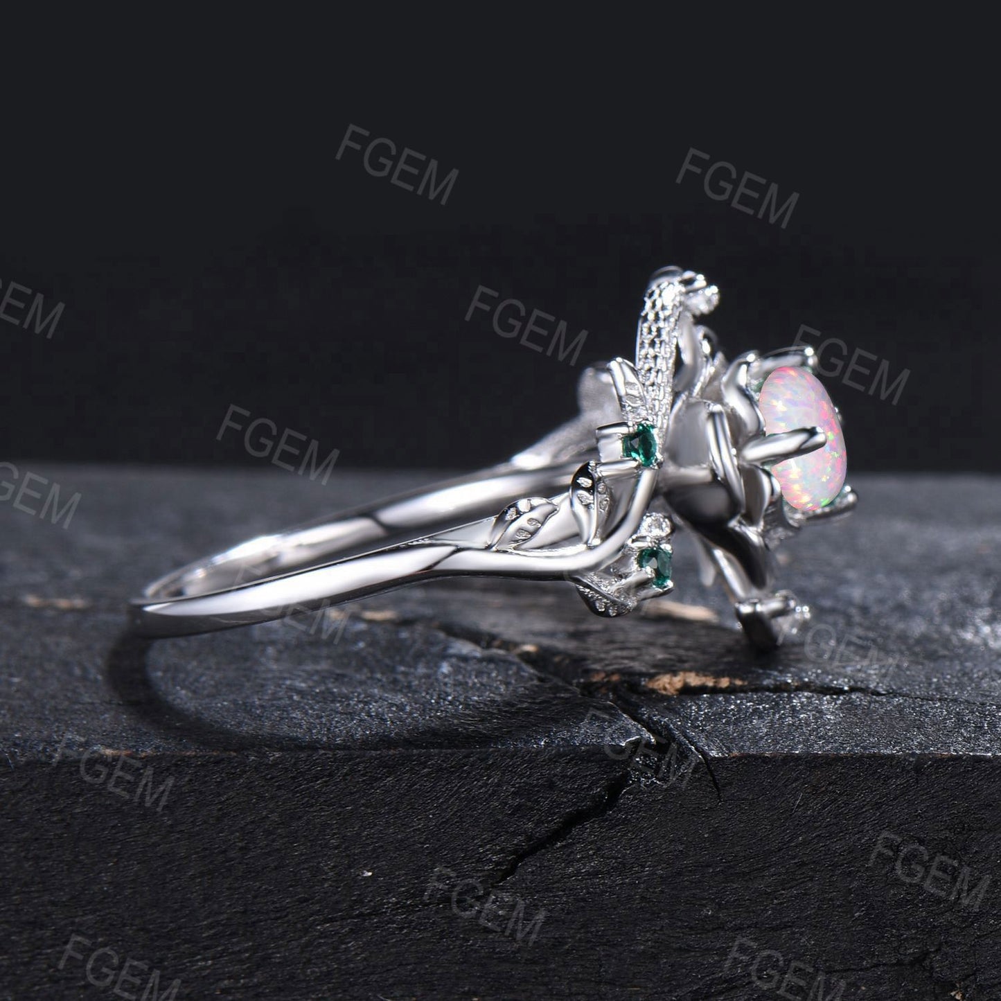 14k Solid Gold Snake Floral White Opal Engagement Ring Nature Inspired Leaf Vine Emerald Wedding Ring October Birthstone Gifts