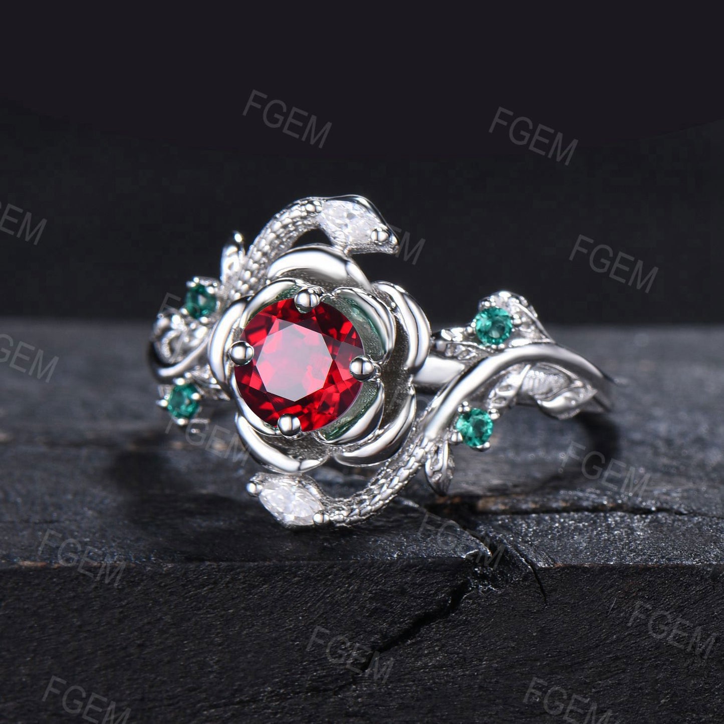 Gold Snake Engagement Ring Rose Flower Round Ruby Ring Dainty Serpent Ring Branch Leaf Emerald Diamond Ring July Birthstone Proposal Gifts