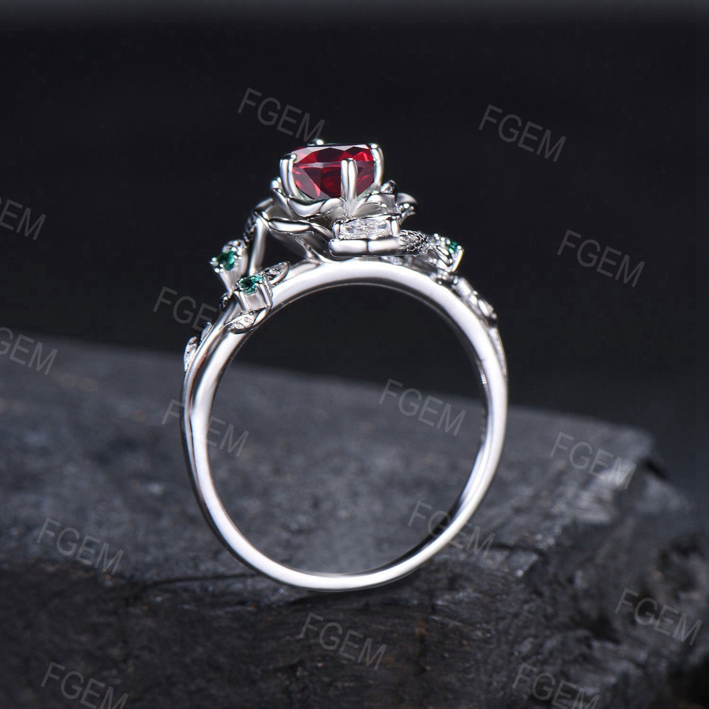 Gold Snake Engagement Ring Rose Flower Round Ruby Ring Dainty Serpent Ring Branch Leaf Emerald Diamond Ring July Birthstone Proposal Gifts