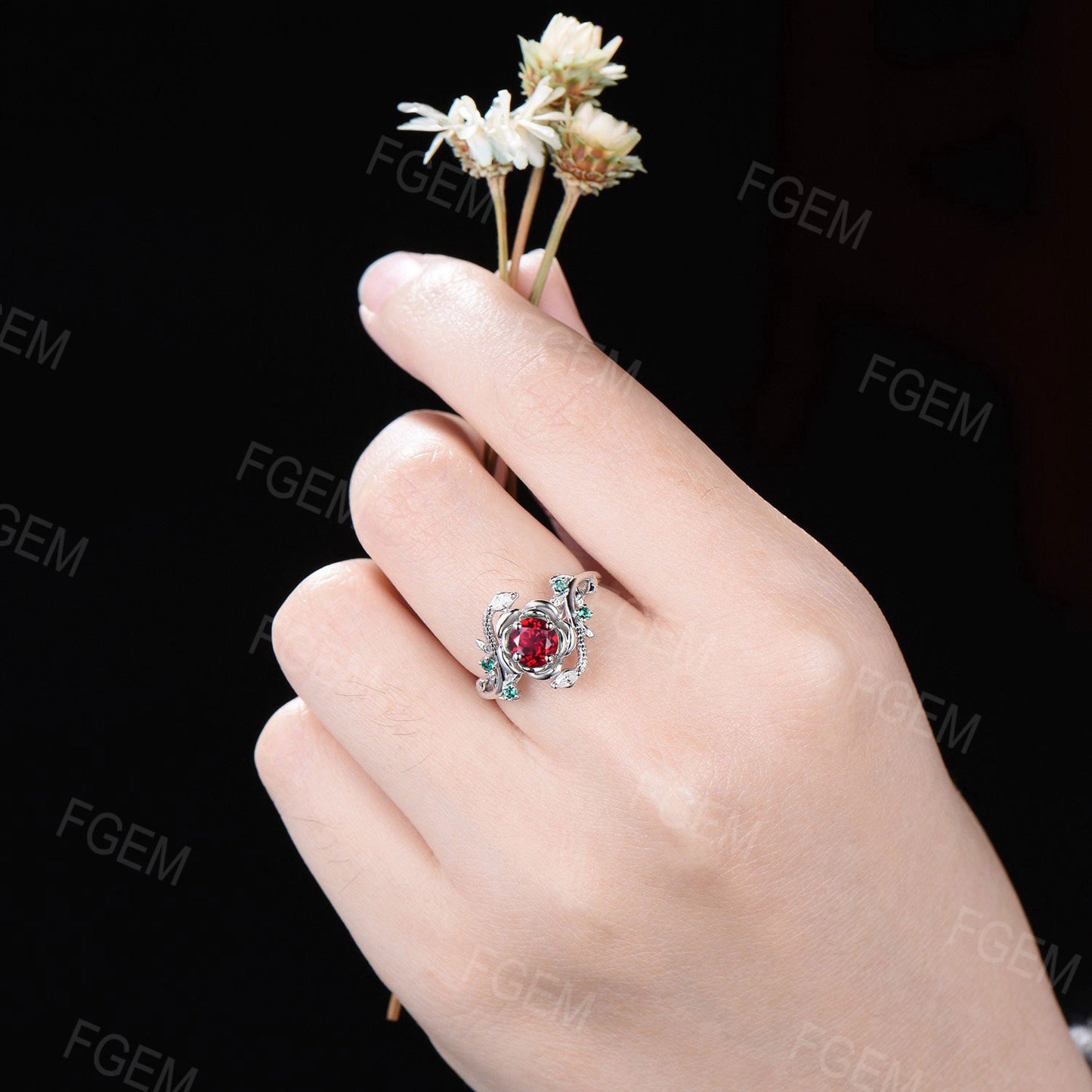 Gold Snake Engagement Ring Rose Flower Round Ruby Ring Dainty Serpent Ring Branch Leaf Emerald Diamond Ring July Birthstone Proposal Gifts