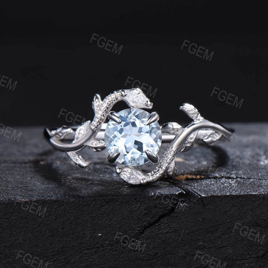 Double Snake Ring Natural Aquamarine Engagement Ring 14k White Gold Leaf Vine Moissanite Diamond Wedding Ring March Birthstone Proposal Gift
