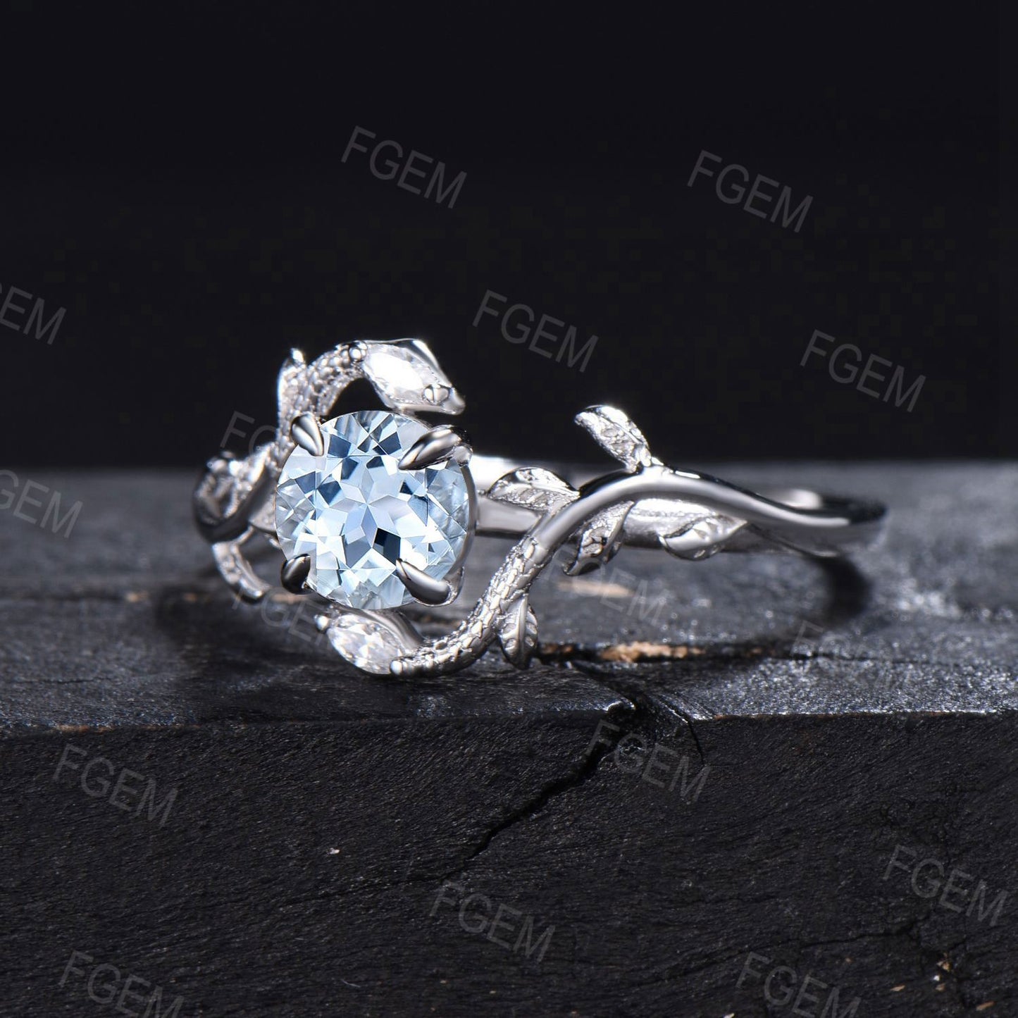 Double Snake Ring Natural Aquamarine Engagement Ring 14k White Gold Leaf Vine Moissanite Diamond Wedding Ring March Birthstone Proposal Gift