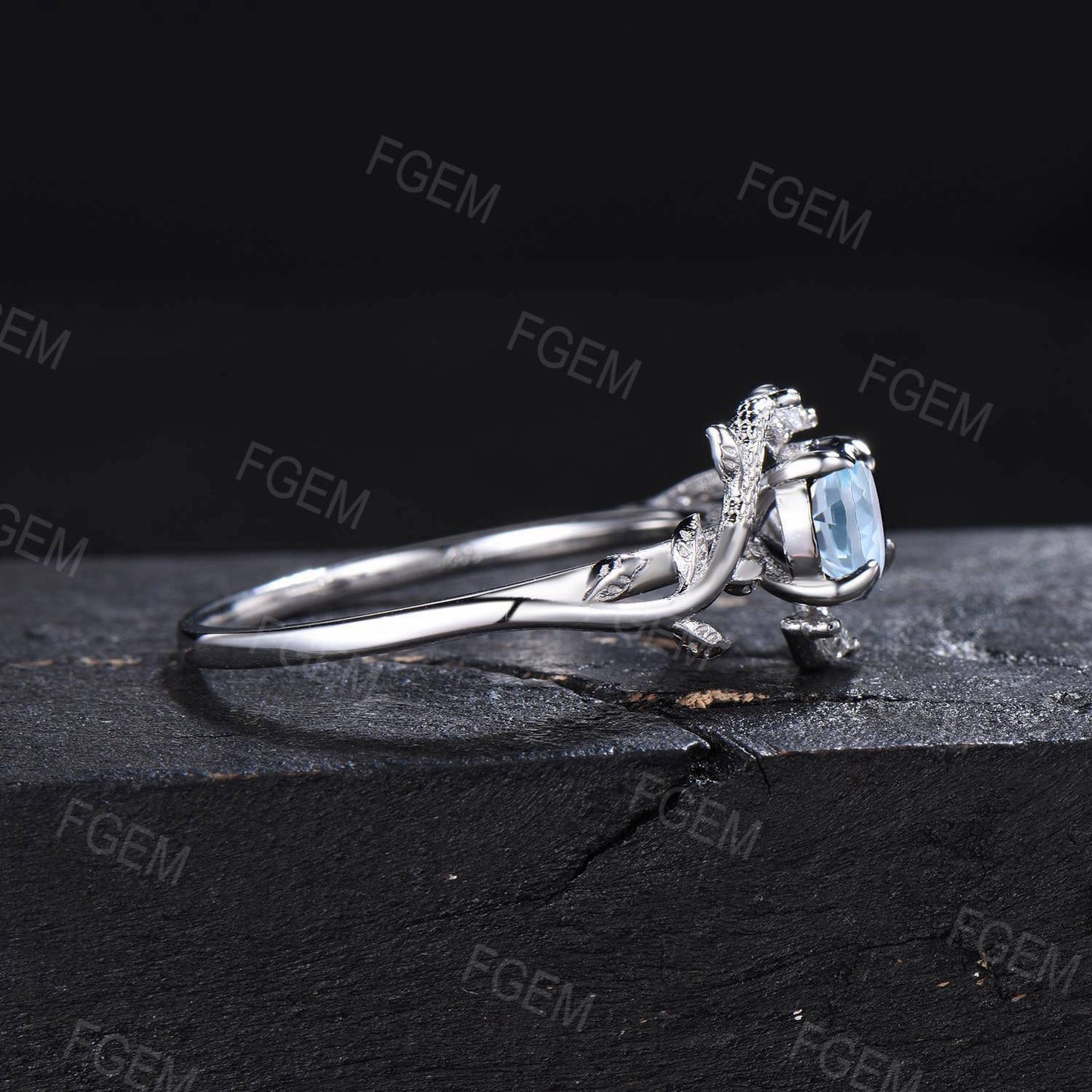 Double Snake Ring Natural Aquamarine Engagement Ring 14k White Gold Leaf Vine Moissanite Diamond Wedding Ring March Birthstone Proposal Gift