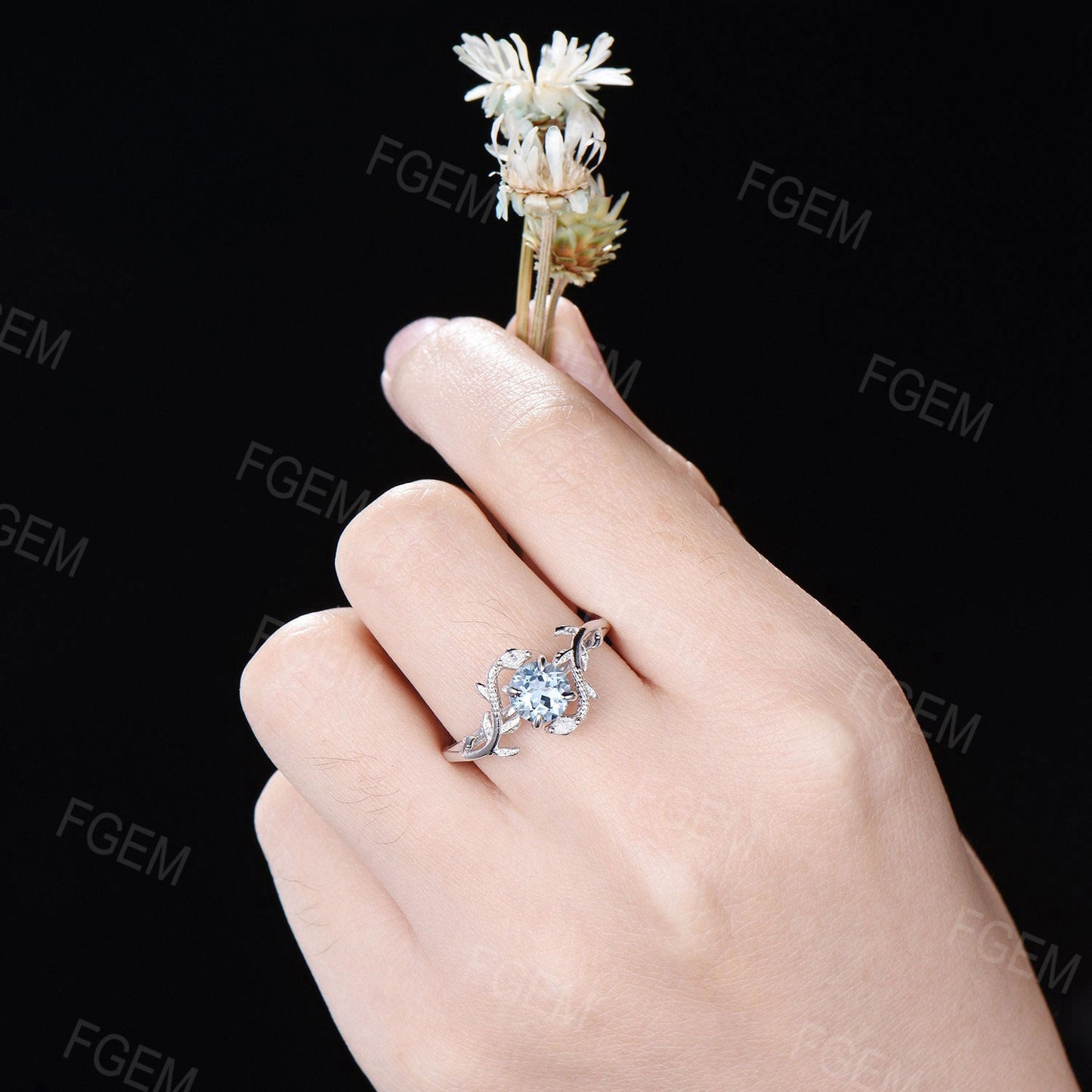 Double Snake Ring Natural Aquamarine Engagement Ring 14k White Gold Leaf Vine Moissanite Diamond Wedding Ring March Birthstone Proposal Gift