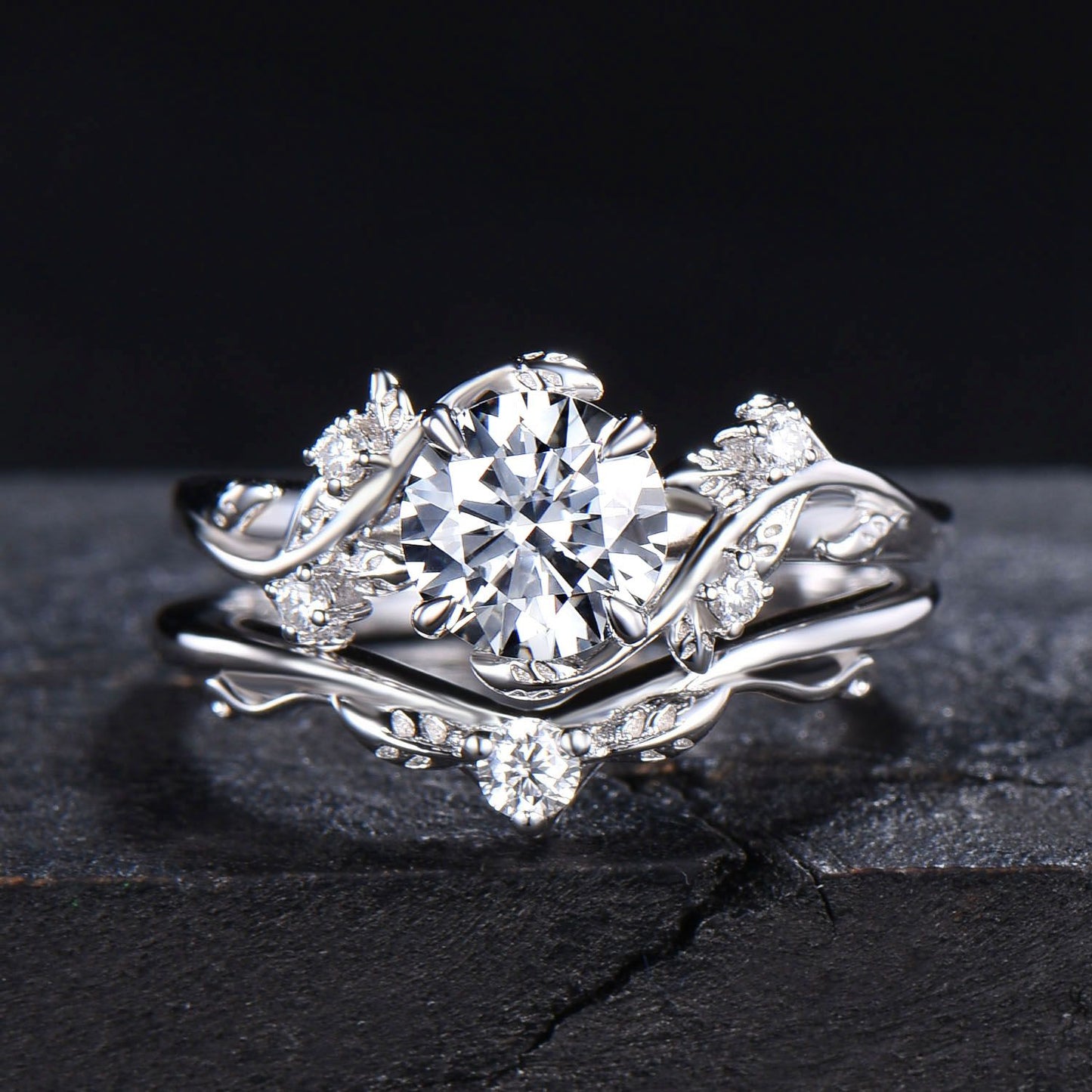 14k Solid Gold Engagement Ring Nature Inspired Grey Moissanite Ring 1ct Round Moissanite Bridal Set Twig Leaf Ring Set Proposal Women Gift