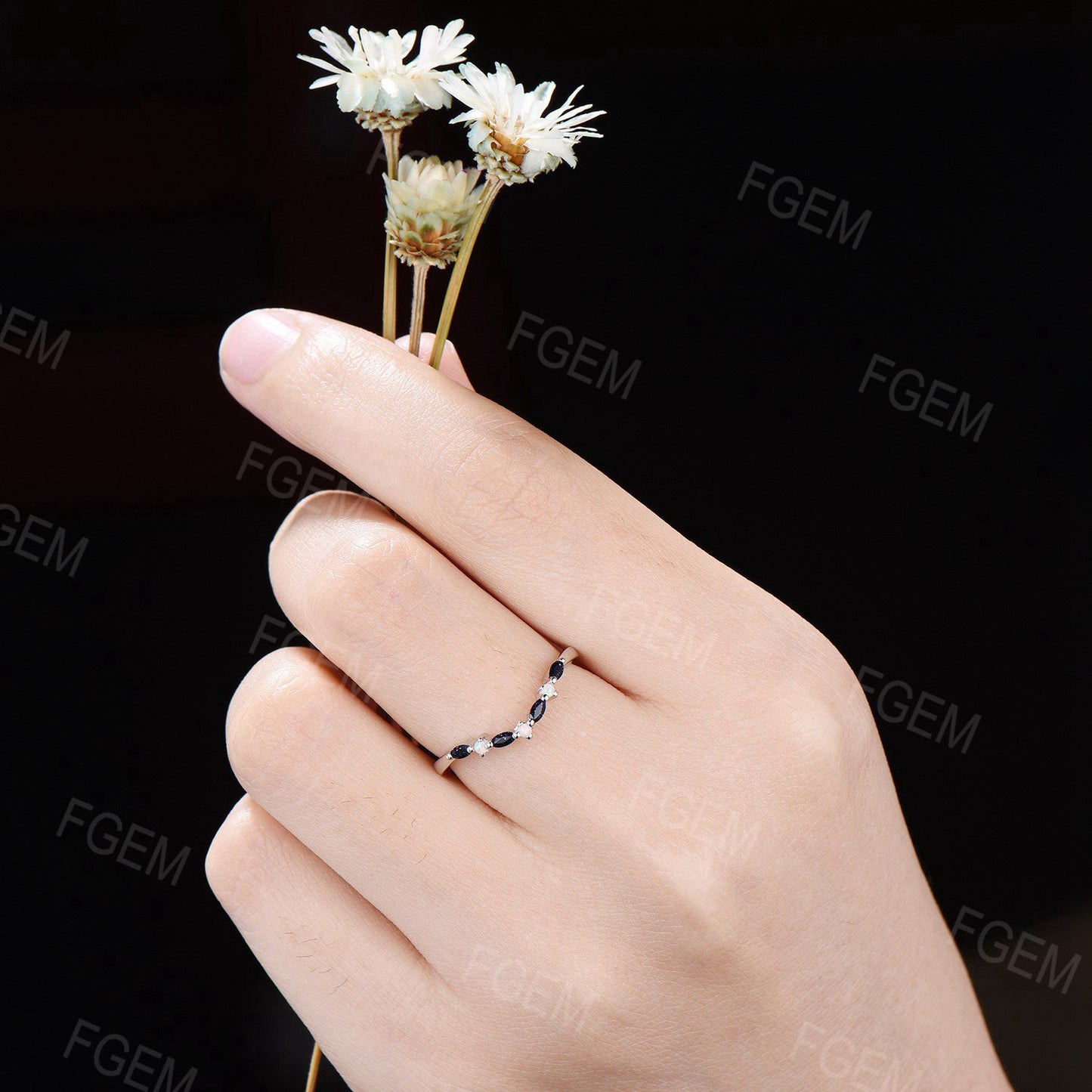 Sterling Silver Unique Marquise Blue Sandstone Wedding Band Opal Nesting Band Vintage Blue Goldstone Stackable Band Chevron Ring Women Gift