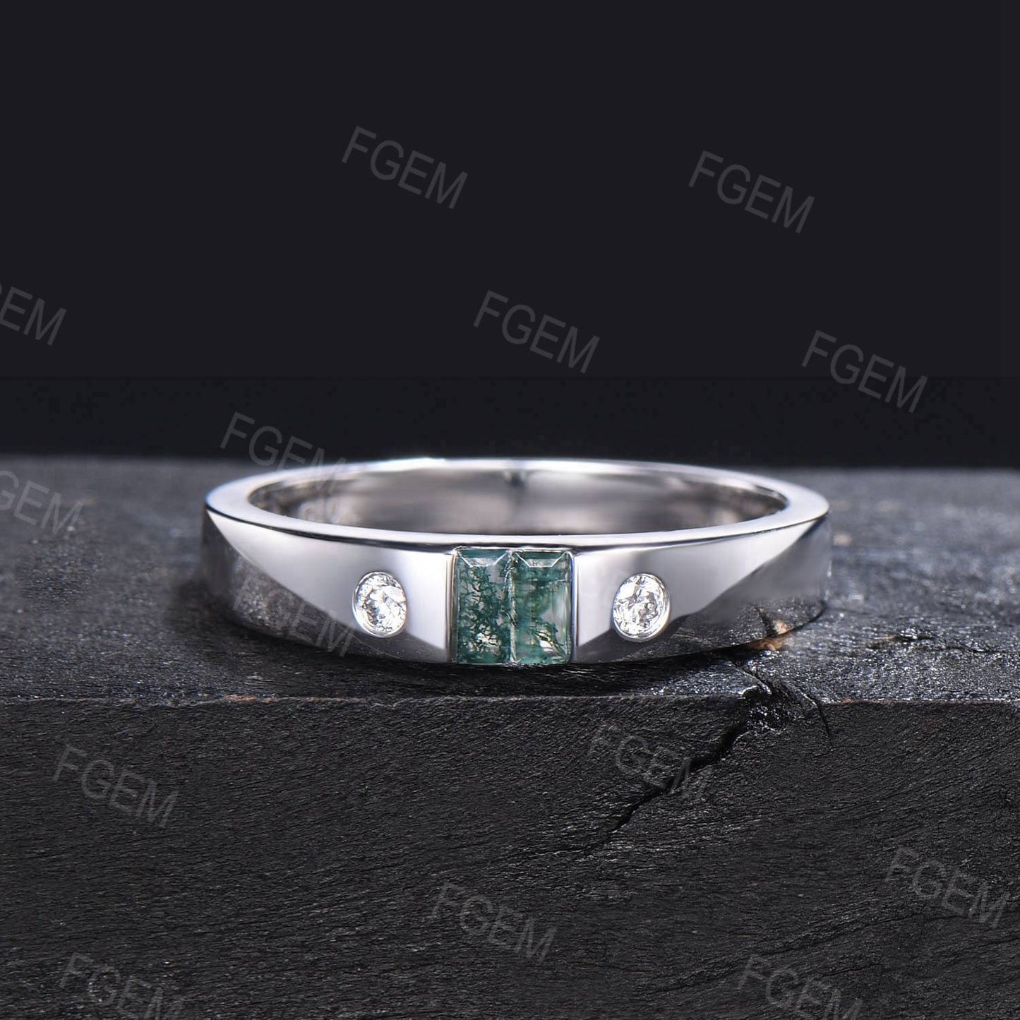 4mm Baguette Cut Moss Agate Mens Engagement Band 14k Solid Gold Flush Diamond Wedding Band Aquatic Agate Wedding Ring Mens Proposal Gifts