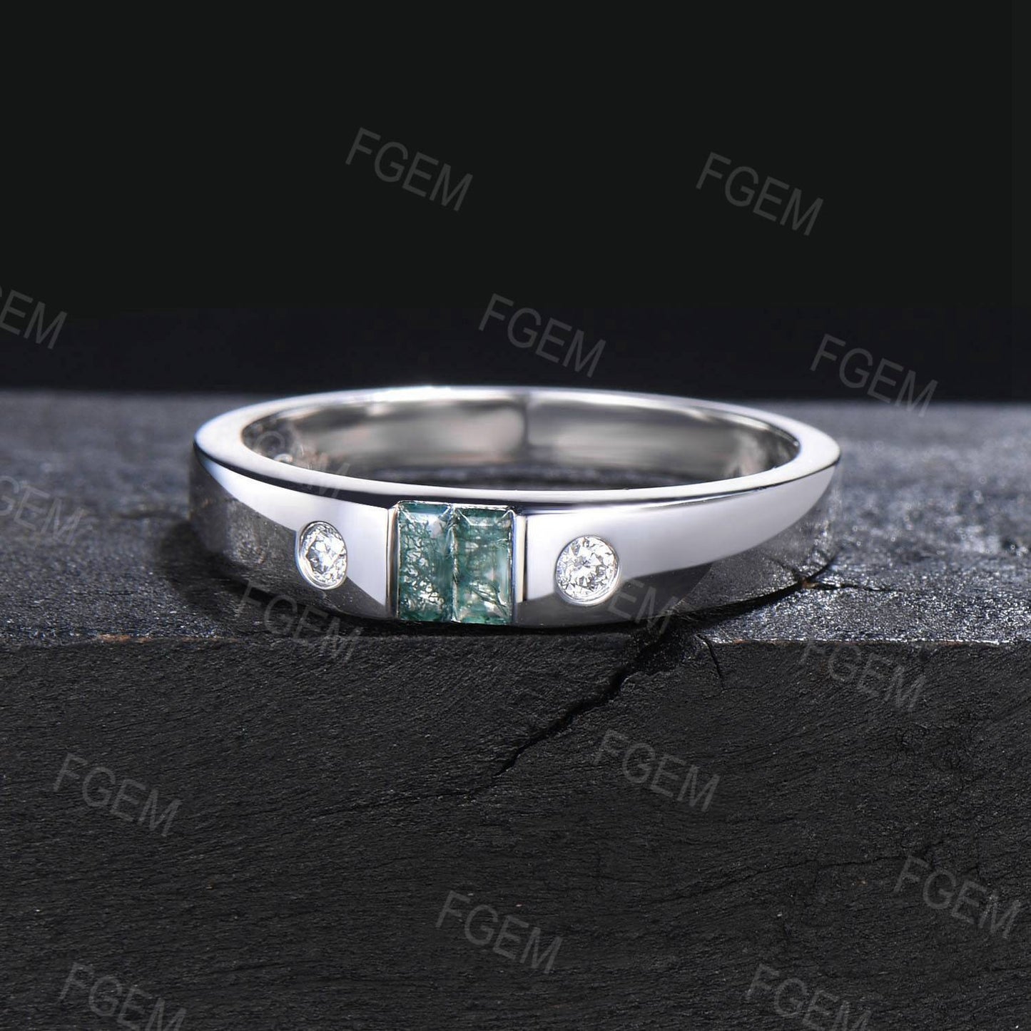 4mm Baguette Cut Moss Agate Mens Engagement Band 14k Solid Gold Flush Diamond Wedding Band Aquatic Agate Wedding Ring Mens Proposal Gifts