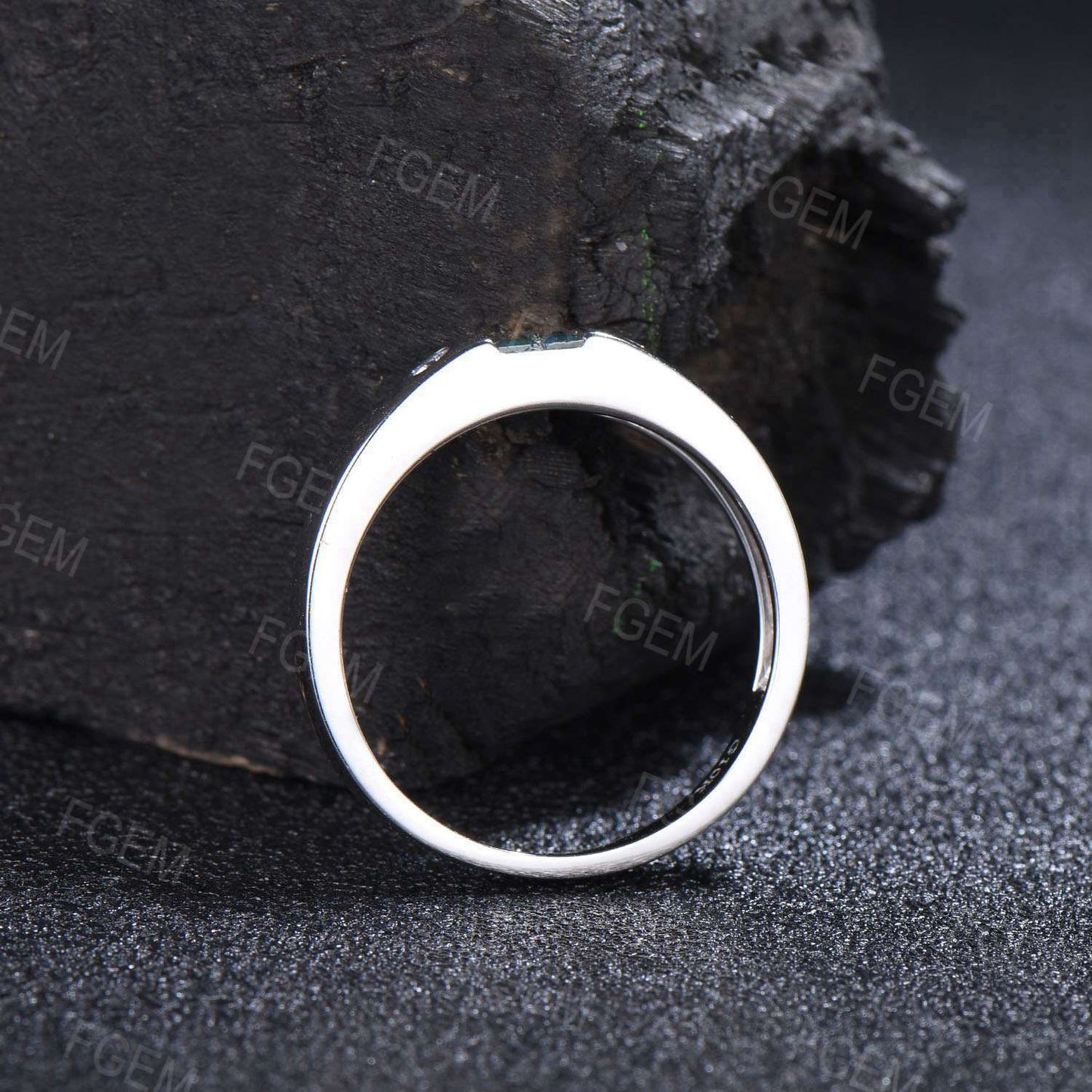 4mm Baguette Cut Moss Agate Mens Engagement Band 14k Solid Gold Flush Diamond Wedding Band Aquatic Agate Wedding Ring Mens Proposal Gifts