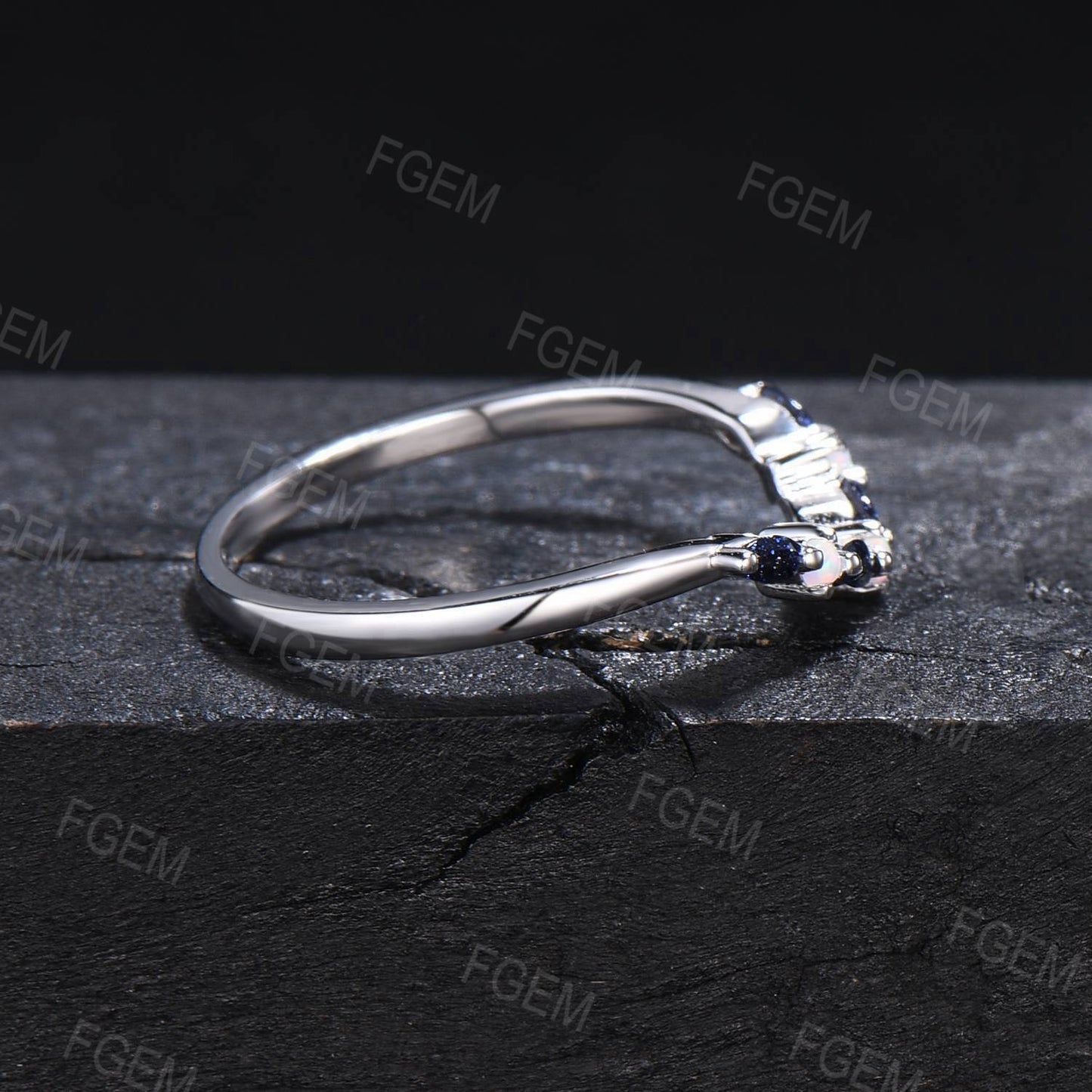 Sterling Silver Unique Marquise Blue Sandstone Wedding Band Opal Nesting Band Vintage Blue Goldstone Stackable Band Chevron Ring Women Gift