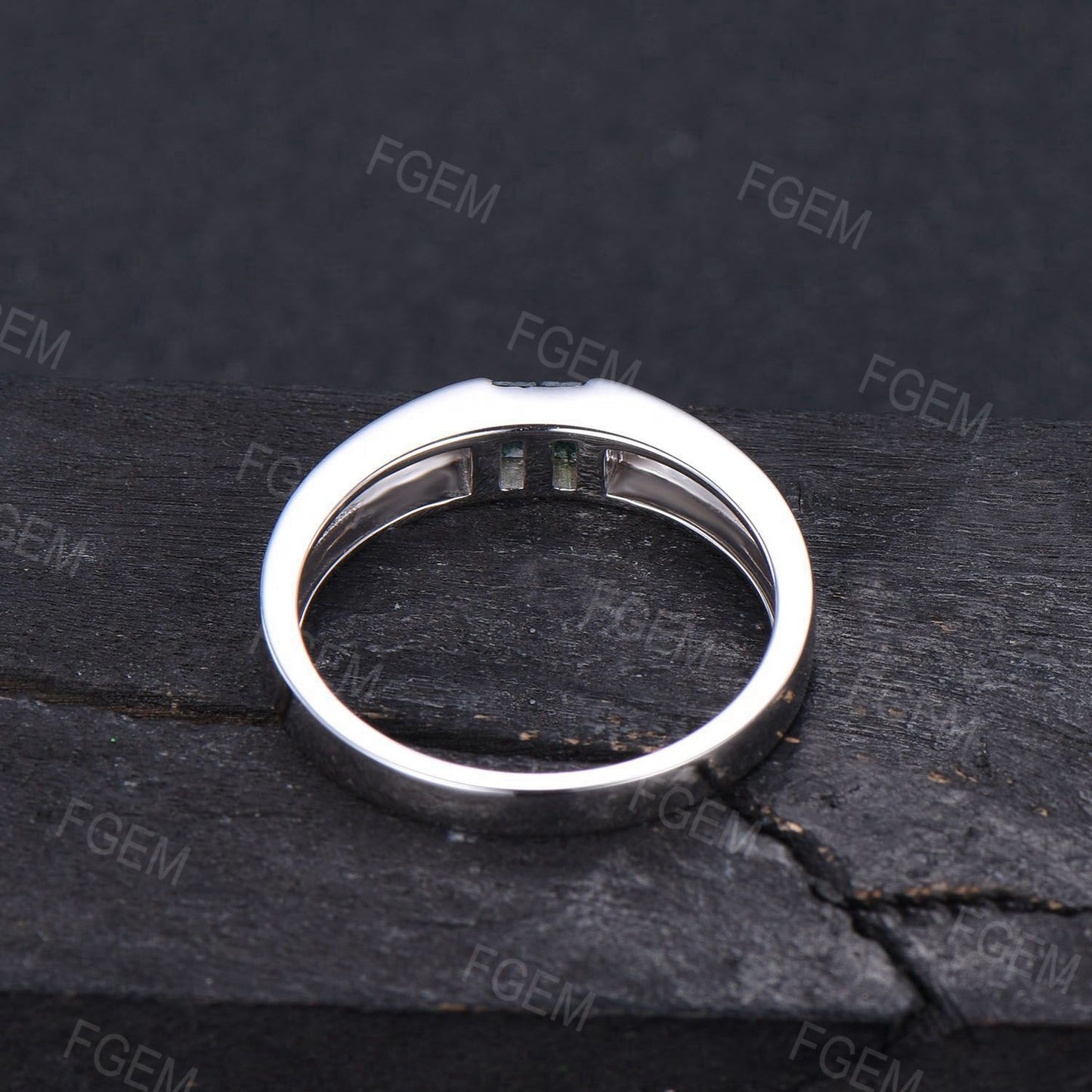 4mm Baguette Cut Moss Agate Mens Engagement Band 14k Solid Gold Flush Diamond Wedding Band Aquatic Agate Wedding Ring Mens Proposal Gifts