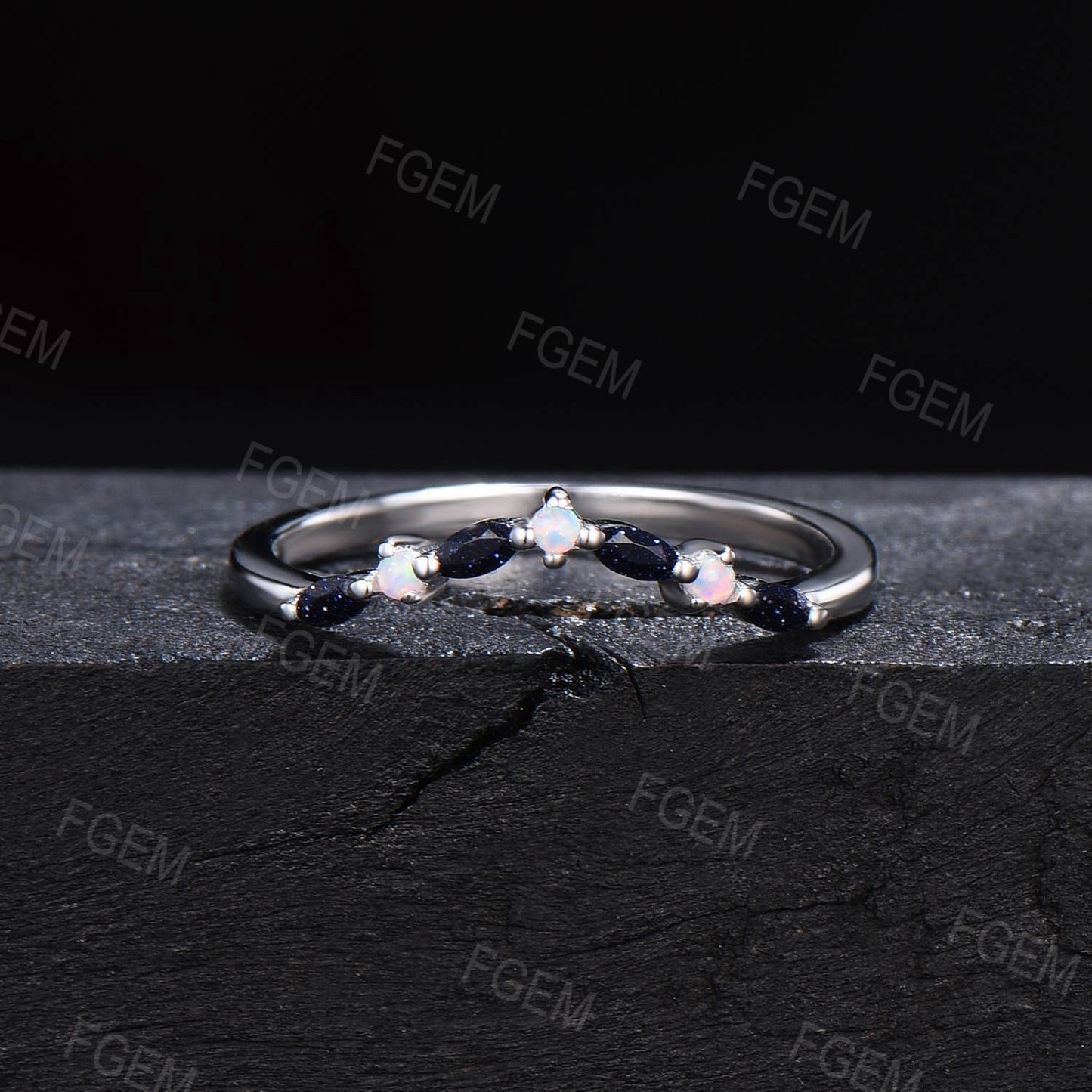 Sterling Silver Unique Marquise Blue Sandstone Wedding Band Opal Nesting Band Vintage Blue Goldstone Stackable Band Chevron Ring Women Gift