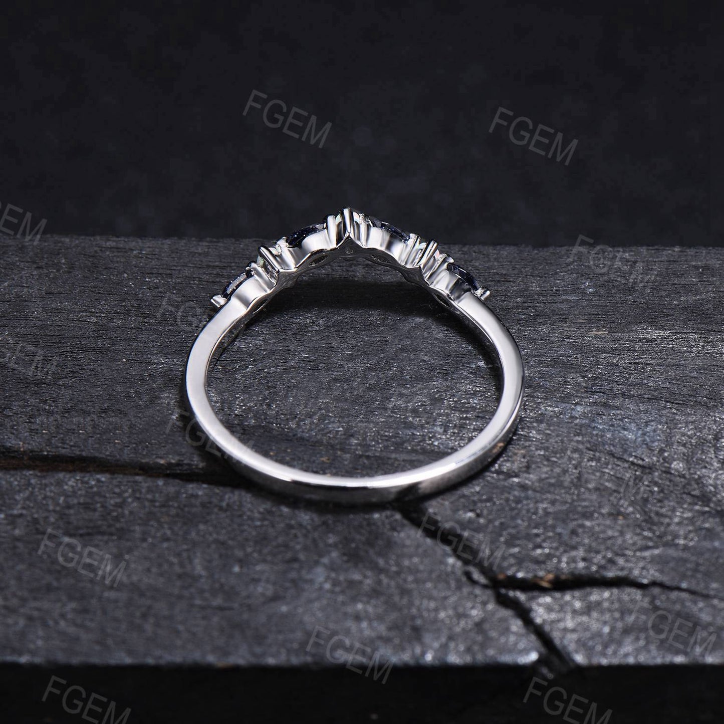 Sterling Silver Unique Marquise Blue Sandstone Wedding Band Opal Nesting Band Vintage Blue Goldstone Stackable Band Chevron Ring Women Gift