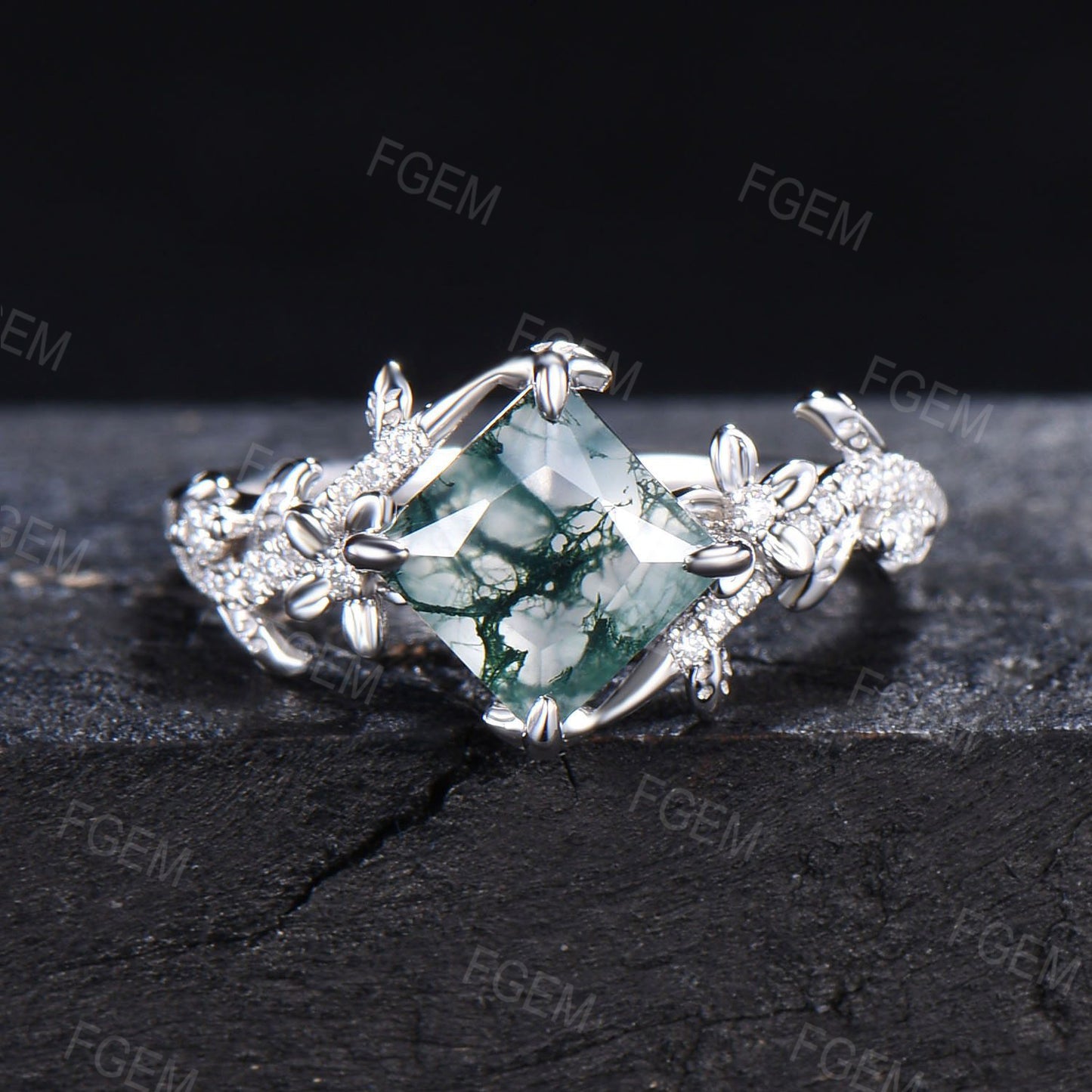 Unique Bypass Natural Moss Agate Ring Princess Cut Green Moss Engagement Ring Flower and Leaf Moissanite Wedding Ring Dainty Proposal Gifts