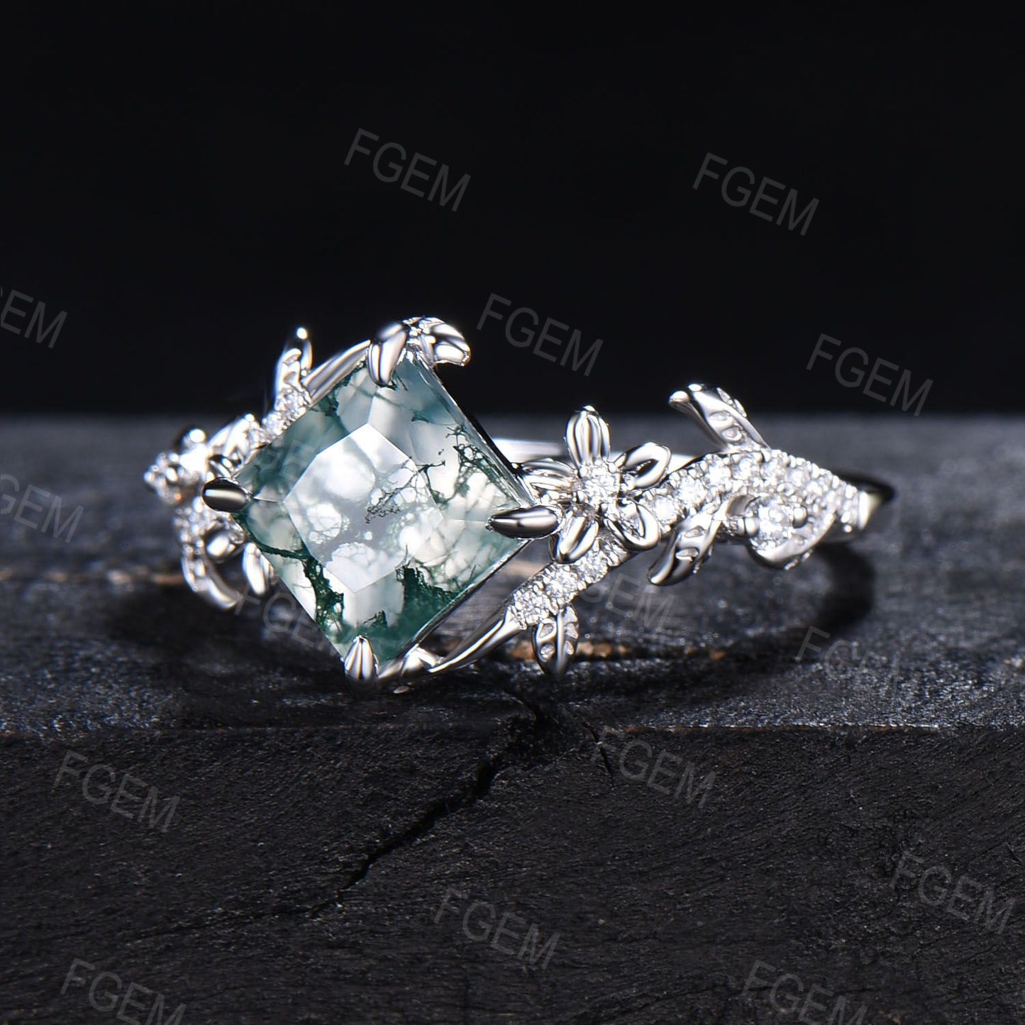 Unique Bypass Natural Moss Agate Ring Princess Cut Green Moss Engagement Ring Flower and Leaf Moissanite Wedding Ring Dainty Proposal Gifts