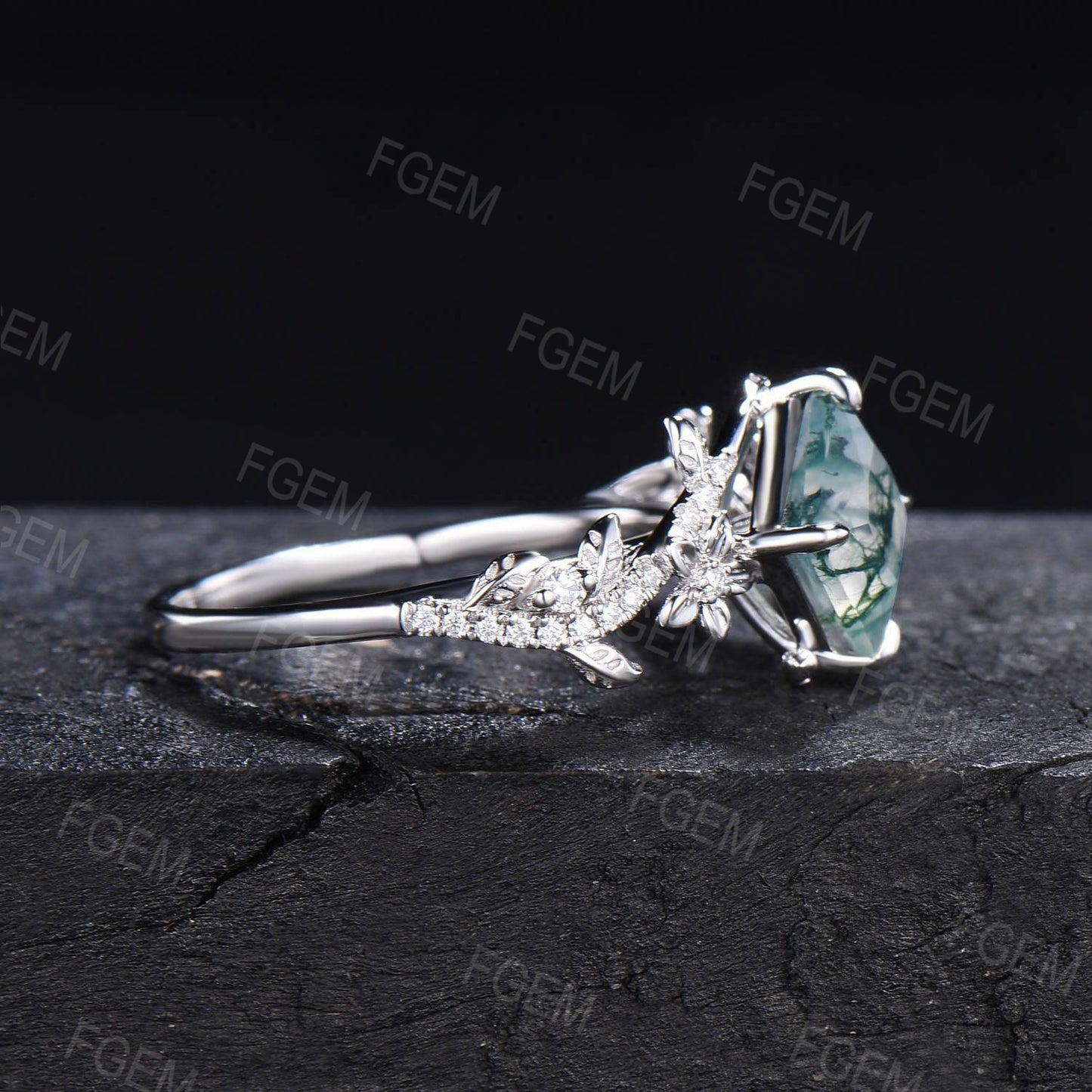 Unique Bypass Natural Moss Agate Ring Princess Cut Green Moss Engagement Ring Flower and Leaf Moissanite Wedding Ring Dainty Proposal Gifts