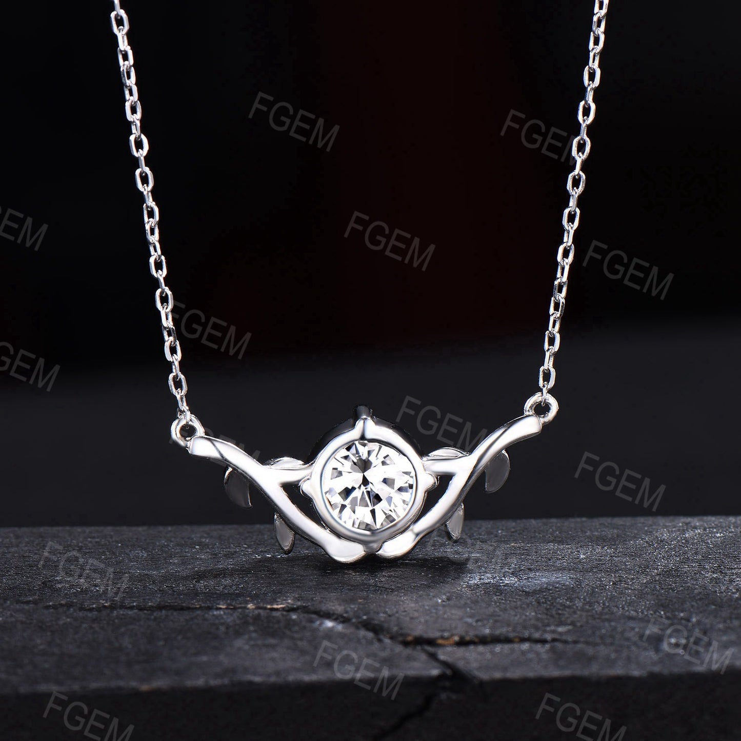 Nature Inspired 2ct Round Moissanite Necklace Tree Leaves Gemstone Pendant White Gold Colorless Moissanite Solitaire Necklace Wedding Gift