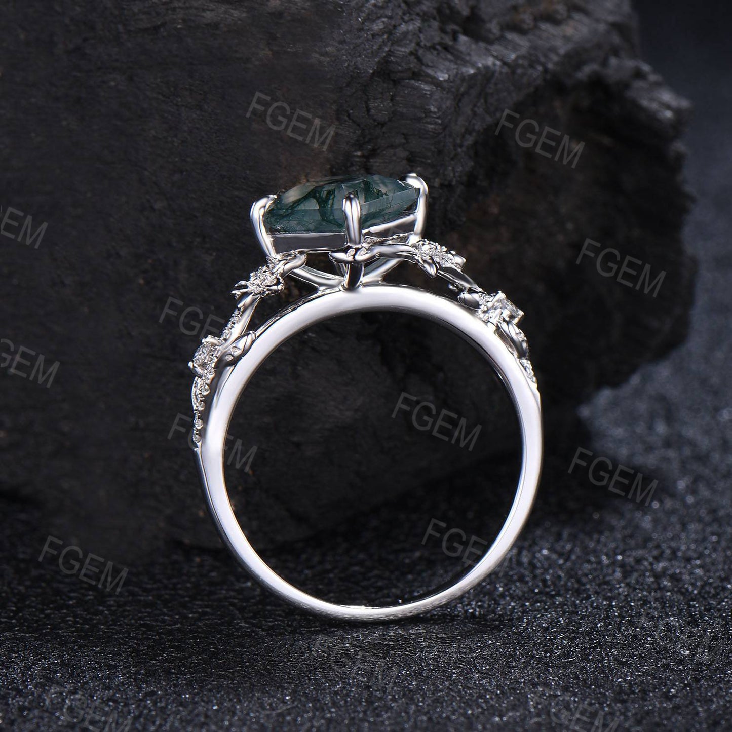 Unique Bypass Natural Moss Agate Ring Princess Cut Green Moss Engagement Ring Flower and Leaf Moissanite Wedding Ring Dainty Proposal Gifts