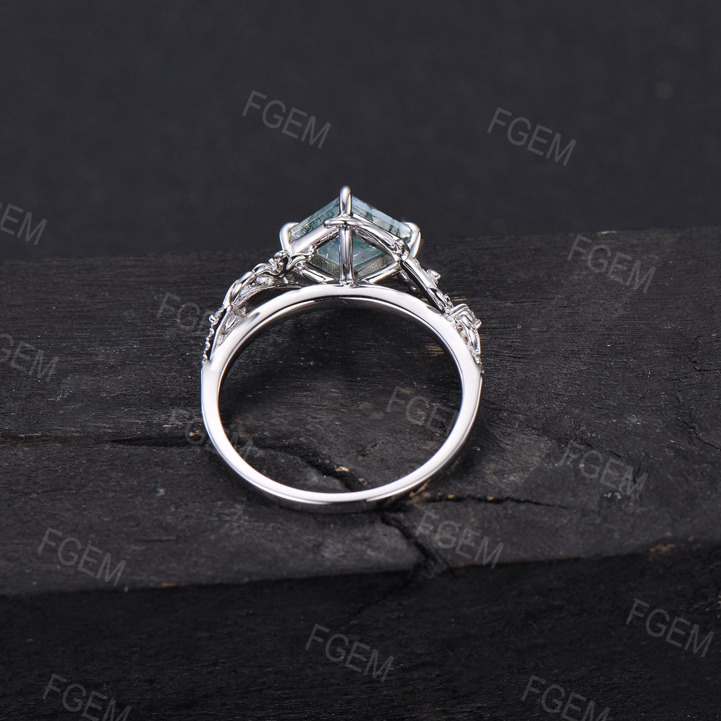 Unique Bypass Natural Moss Agate Ring Princess Cut Green Moss Engagement Ring Flower and Leaf Moissanite Wedding Ring Dainty Proposal Gifts