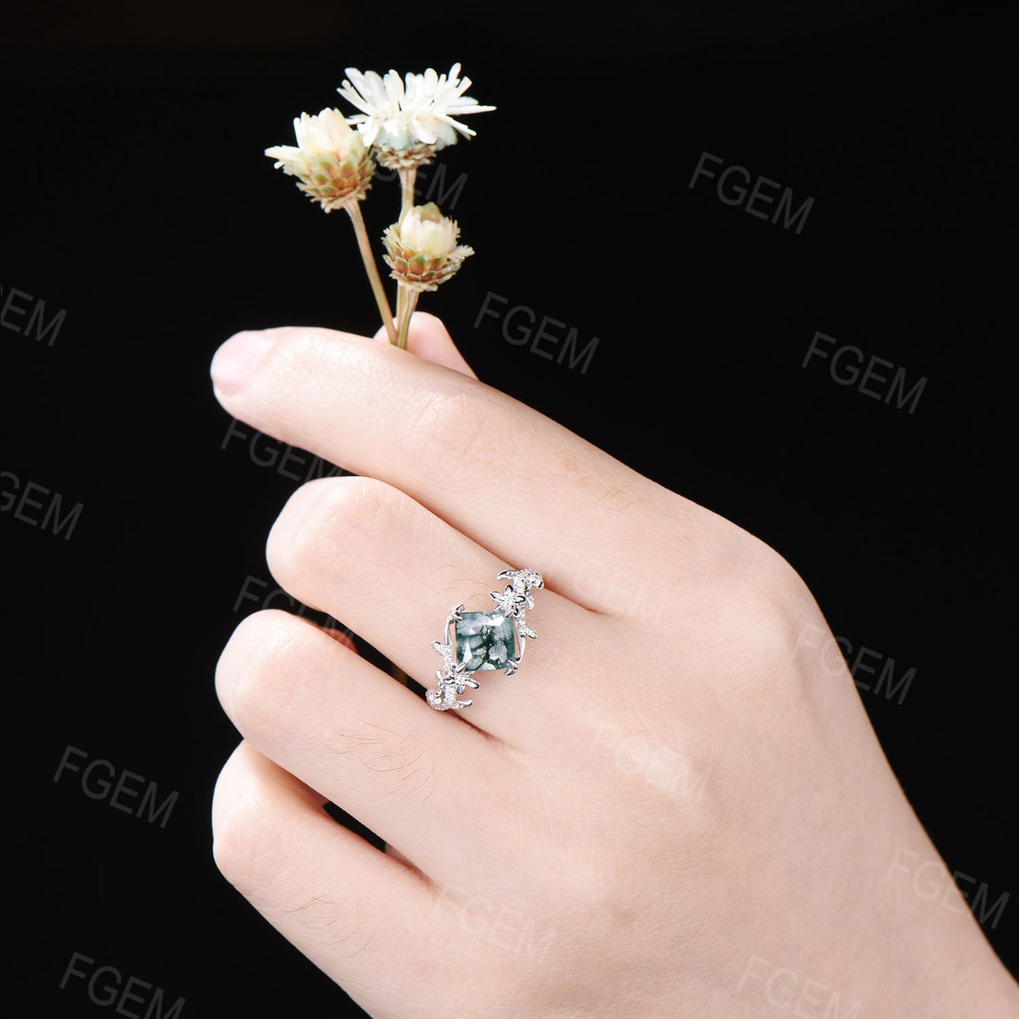 Unique Bypass Natural Moss Agate Ring Princess Cut Green Moss Engagement Ring Flower and Leaf Moissanite Wedding Ring Dainty Proposal Gifts