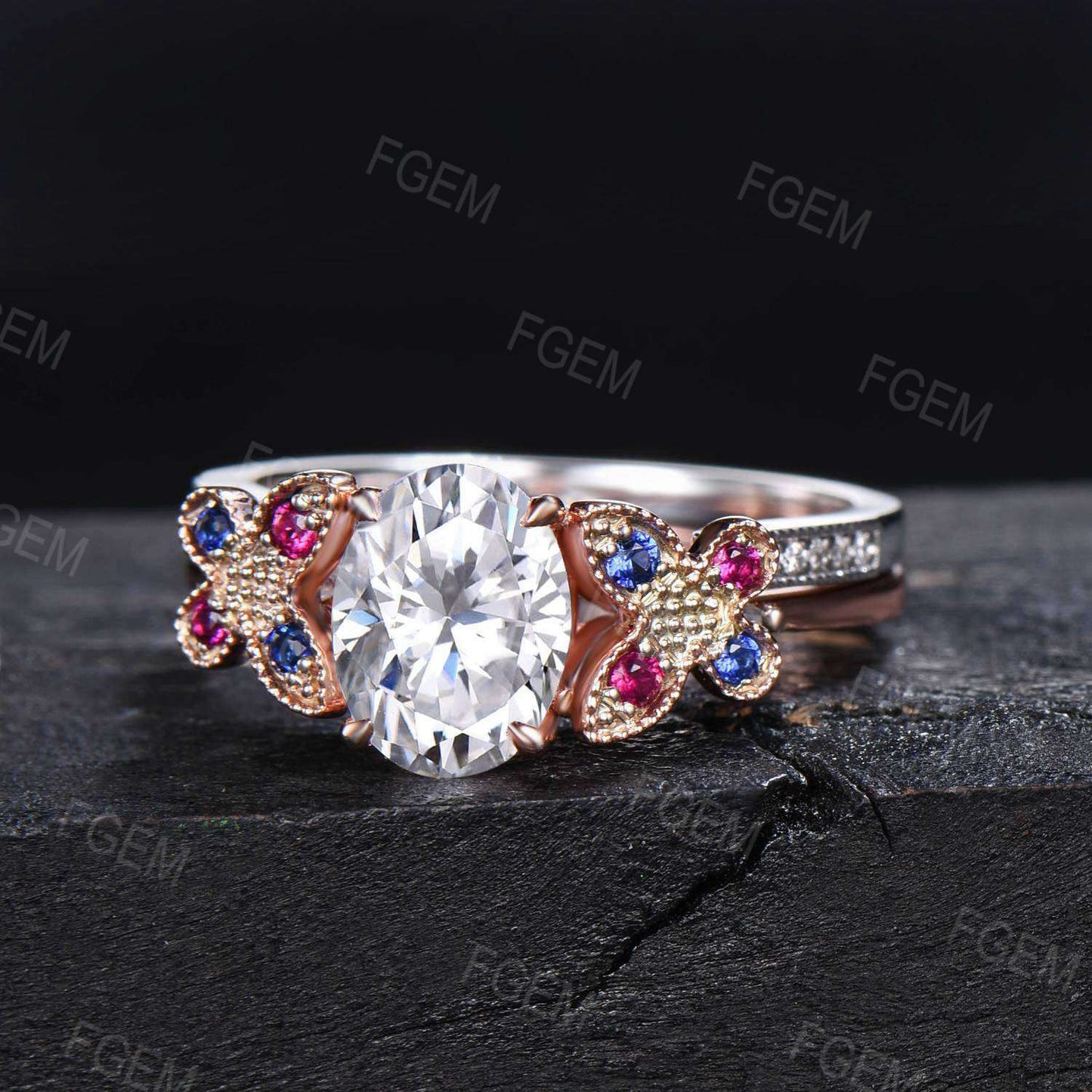 Dainty Butterfly Moissanite Engagement Ring Set 1.5CT Oval Moissanite Bridal Ring 14K Gold Wedding Ring Unique Sapphire Ruby Stacking Ring