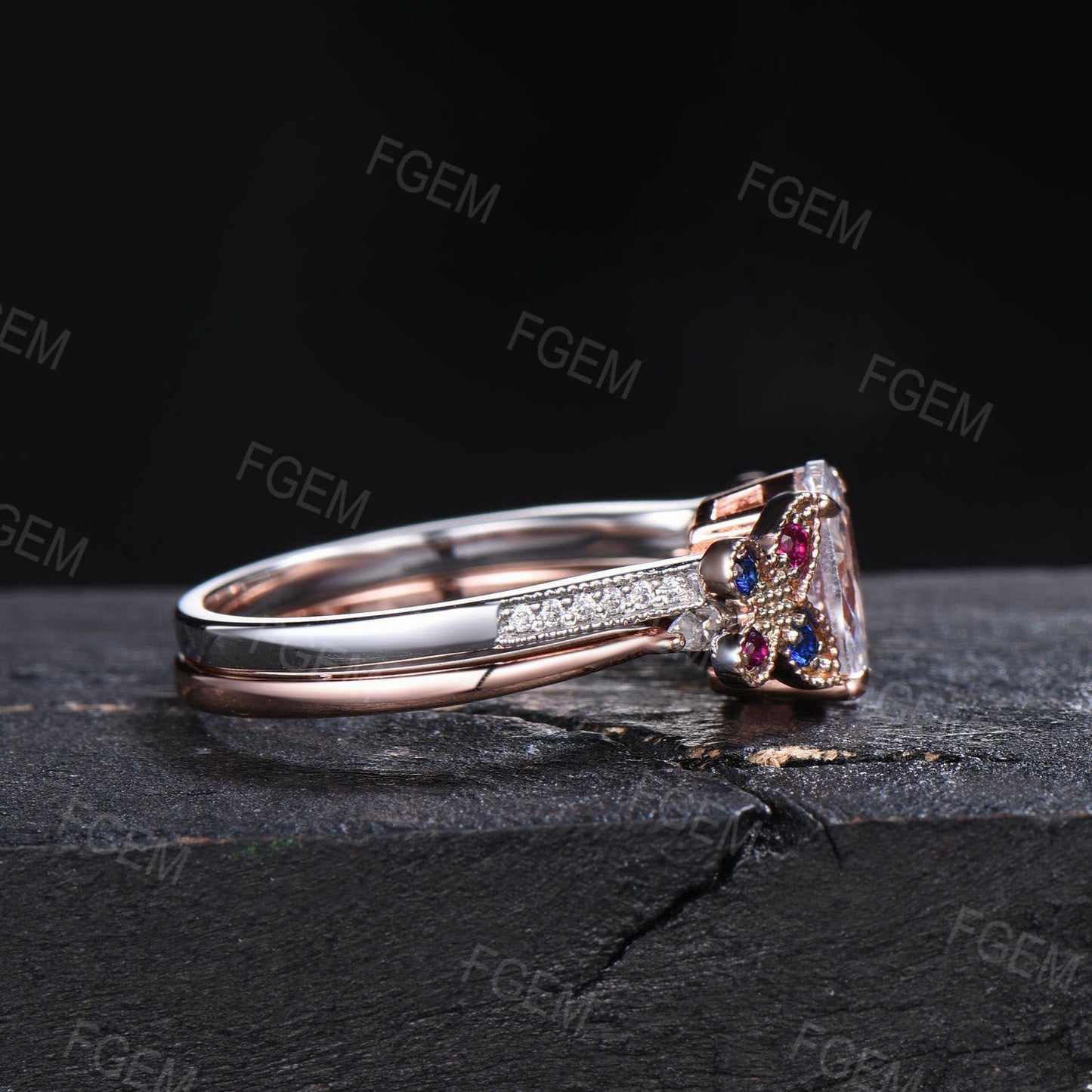Dainty Butterfly Moissanite Engagement Ring Set 1.5CT Oval Moissanite Bridal Ring 14K Gold Wedding Ring Unique Sapphire Ruby Stacking Ring
